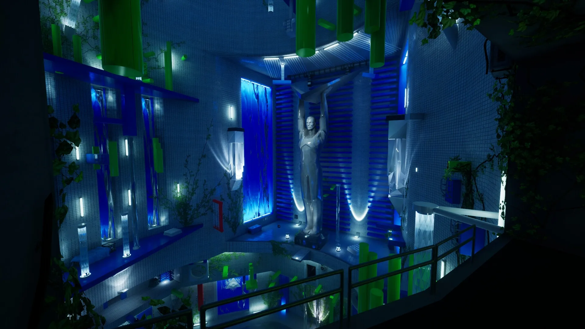 Ikarus Parkour: Futuristic room with a large metallic statue and vibrant neon blue and green lights