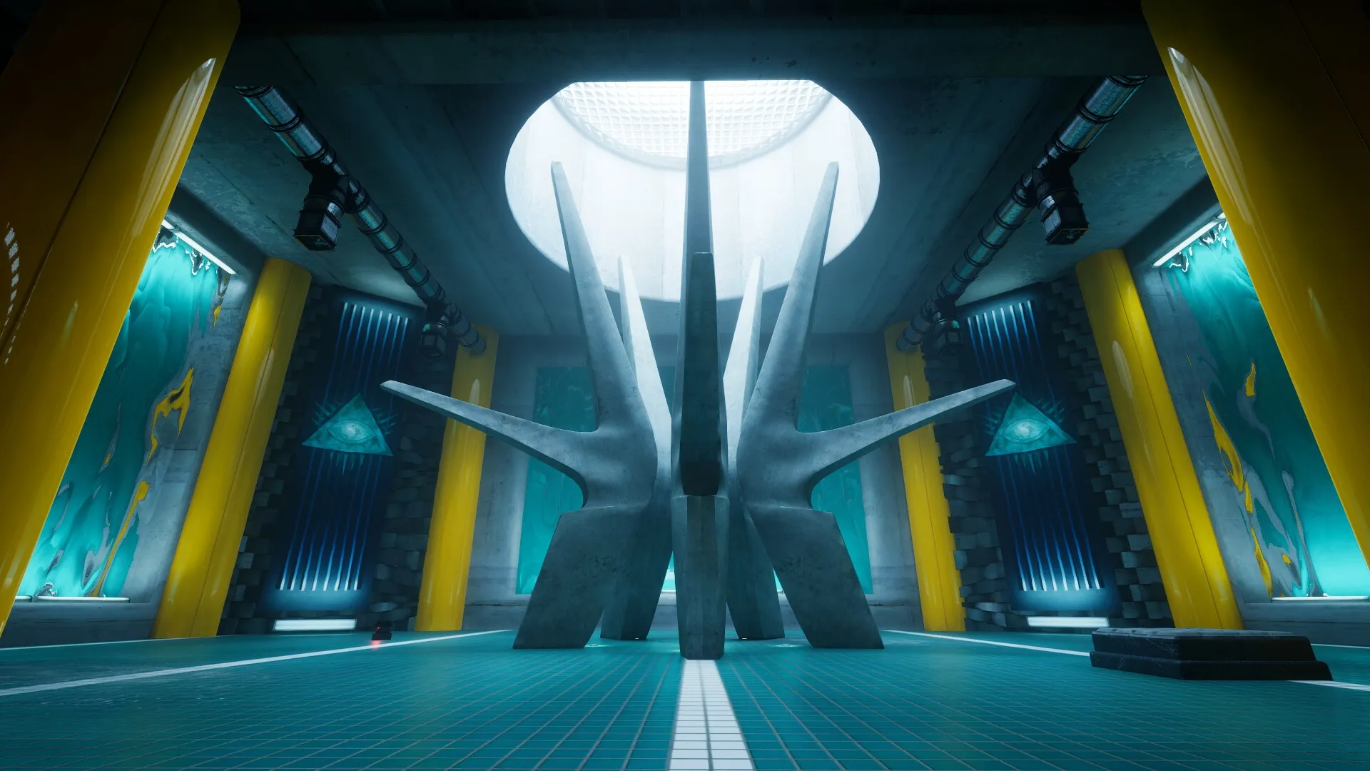 Ikarus Parkour: Central chamber with massive spiked structure and vibrant yellow pillars in industrial setting