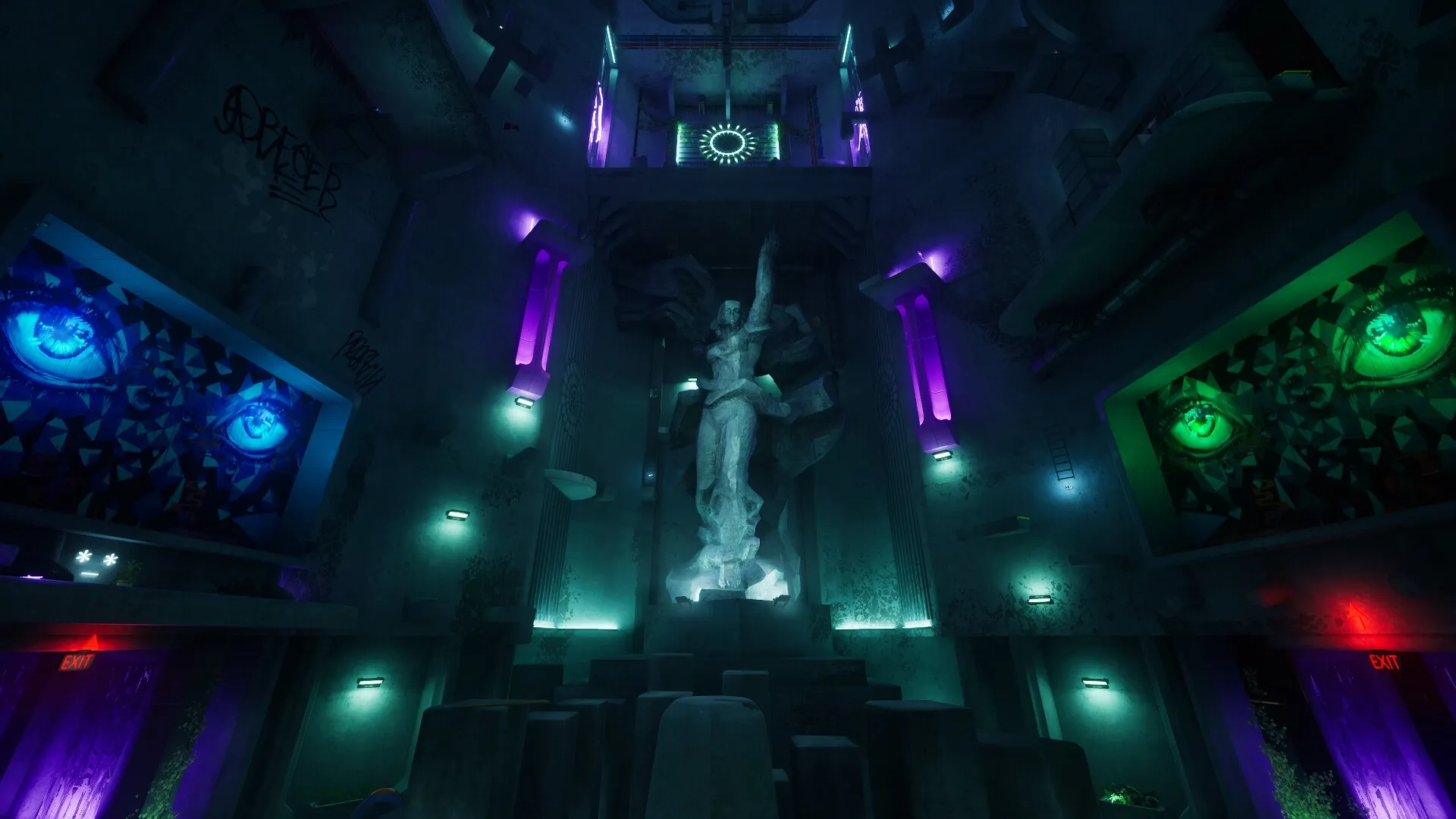 Ikarus Parkour: Illuminated statue in neon-lit chamber with vibrant murals and exit signs