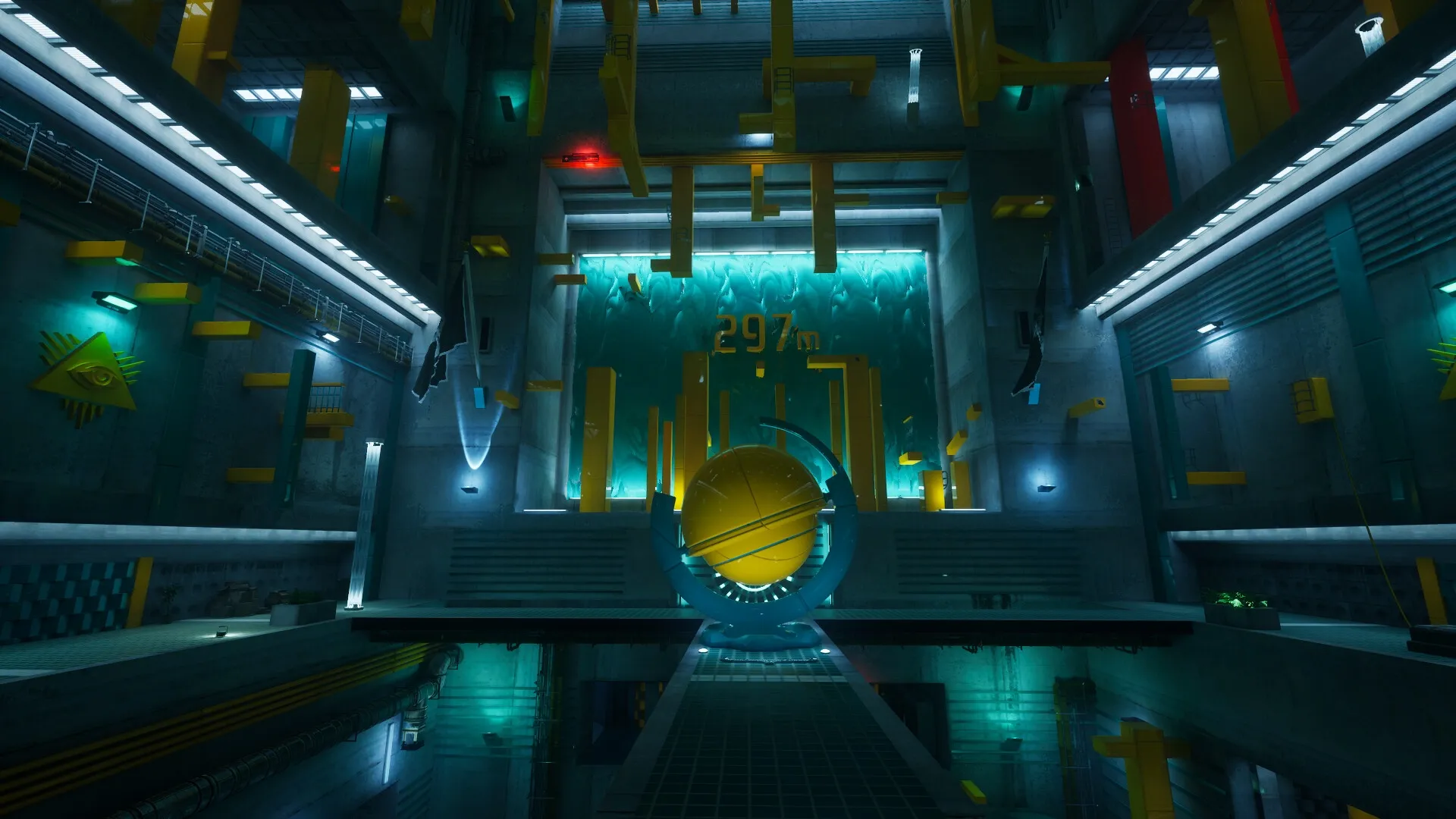 Ikarus Parkour: Vertical climb with floating yellow platforms and 297m marker in industrial tower setting