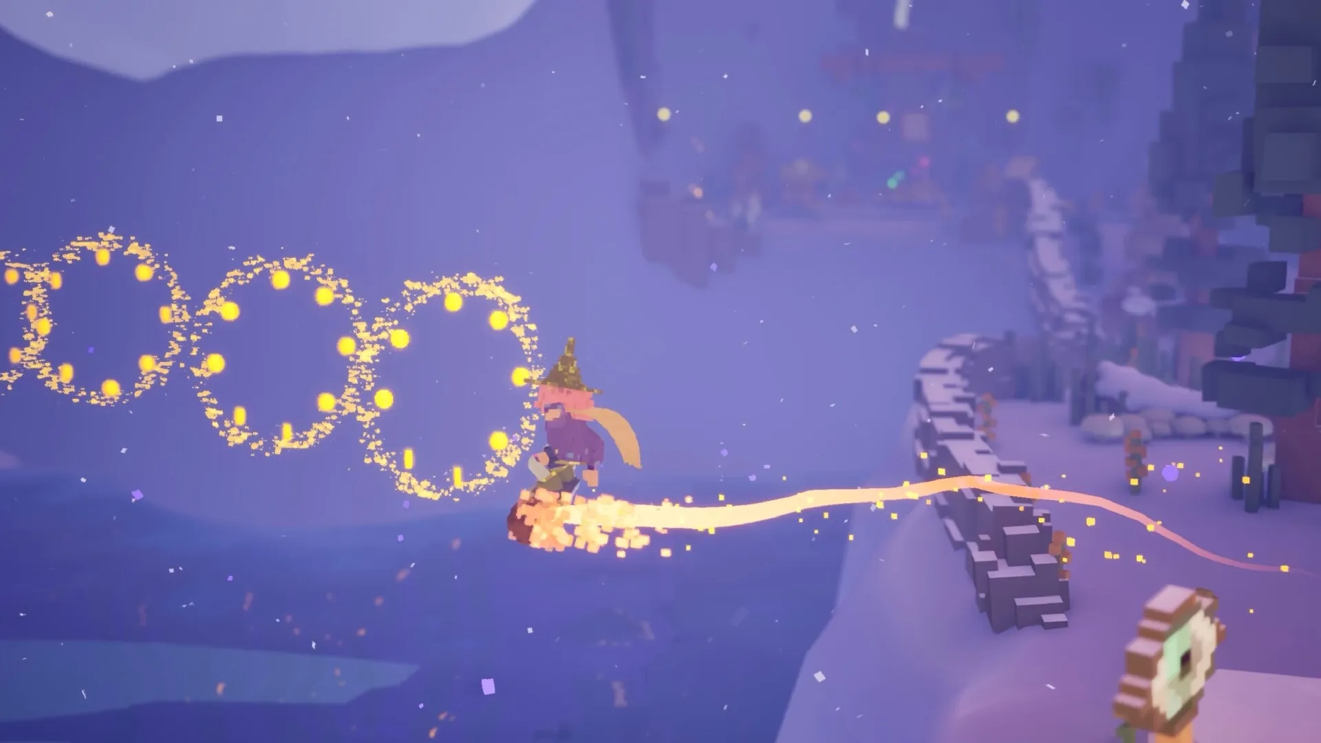 ILA: ILA flies on her skatebroom through glowing hoops in a snowy magical island setting.