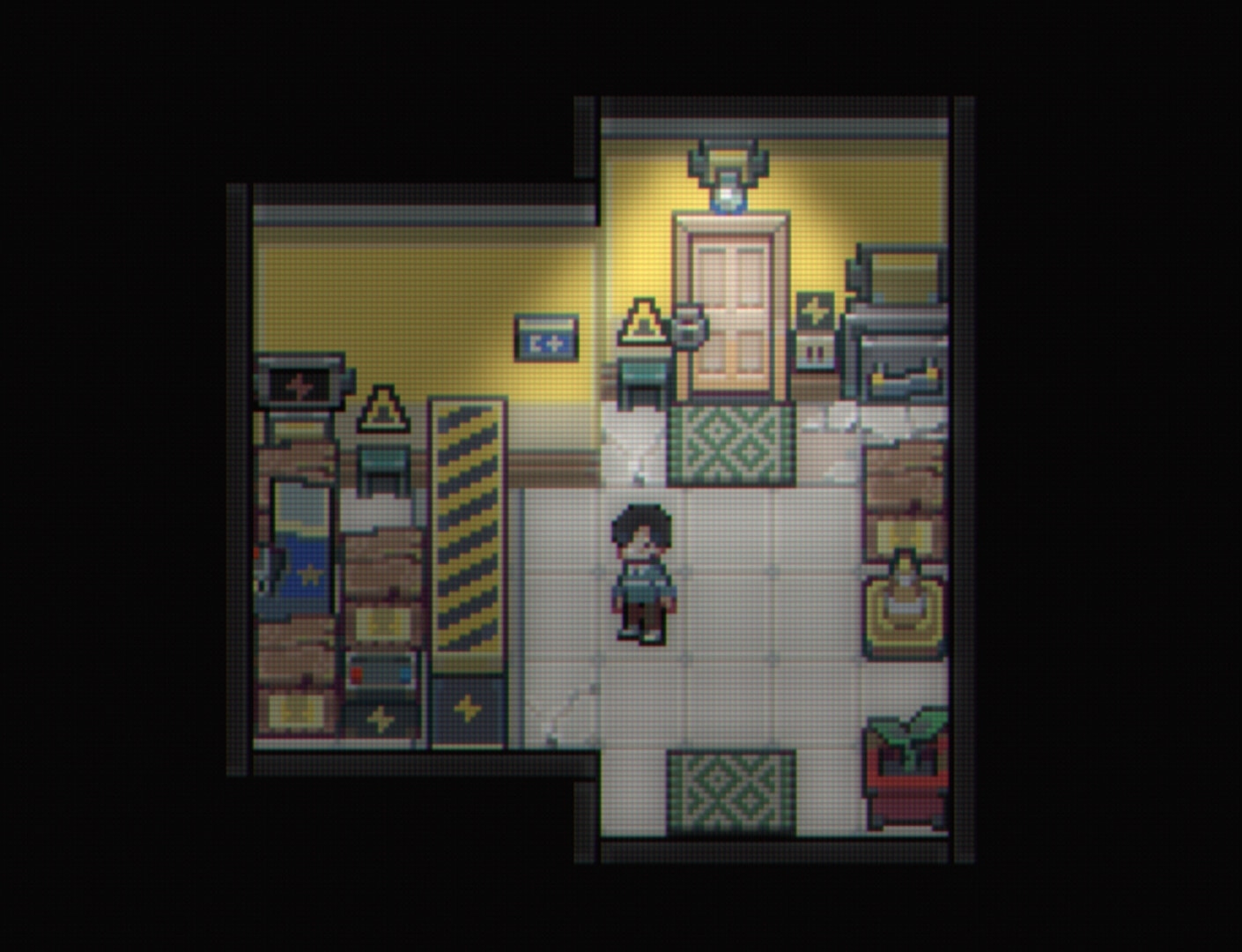 Illusion Box: Character explores dimly lit room with caution signs and various storage crates