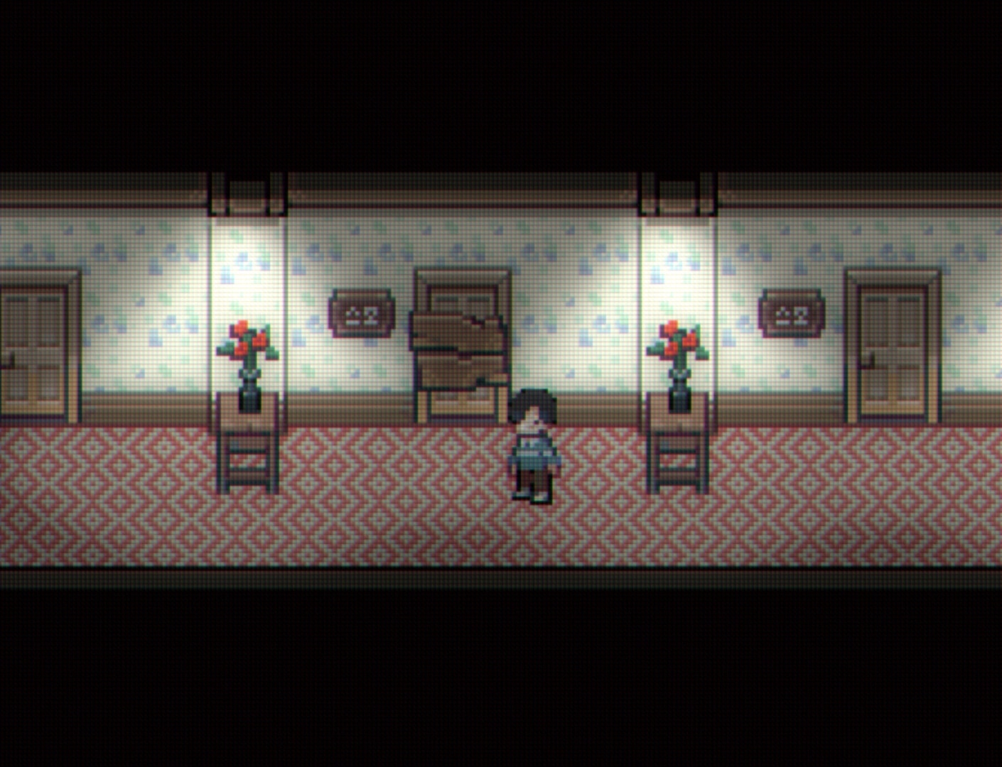 Illusion Box: Character stands in a dim hallway with floral wallpaper and boarded doorways