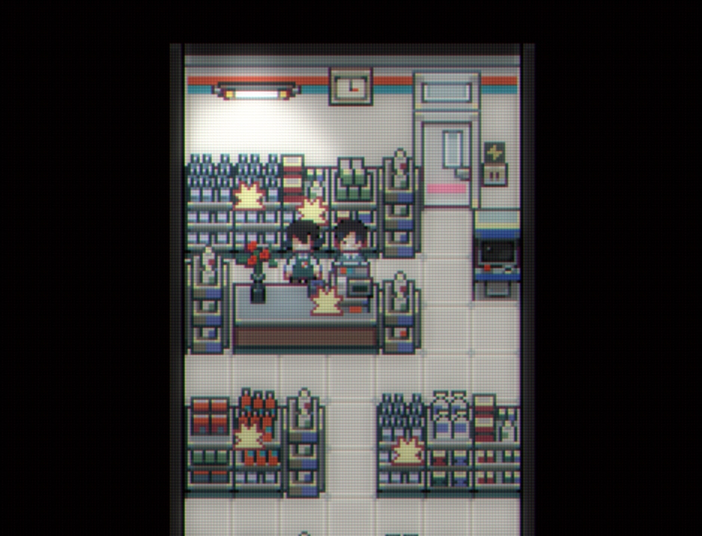 Illusion Box: Two characters exploring a cluttered convenience store with shelves and a glowing computer terminal.