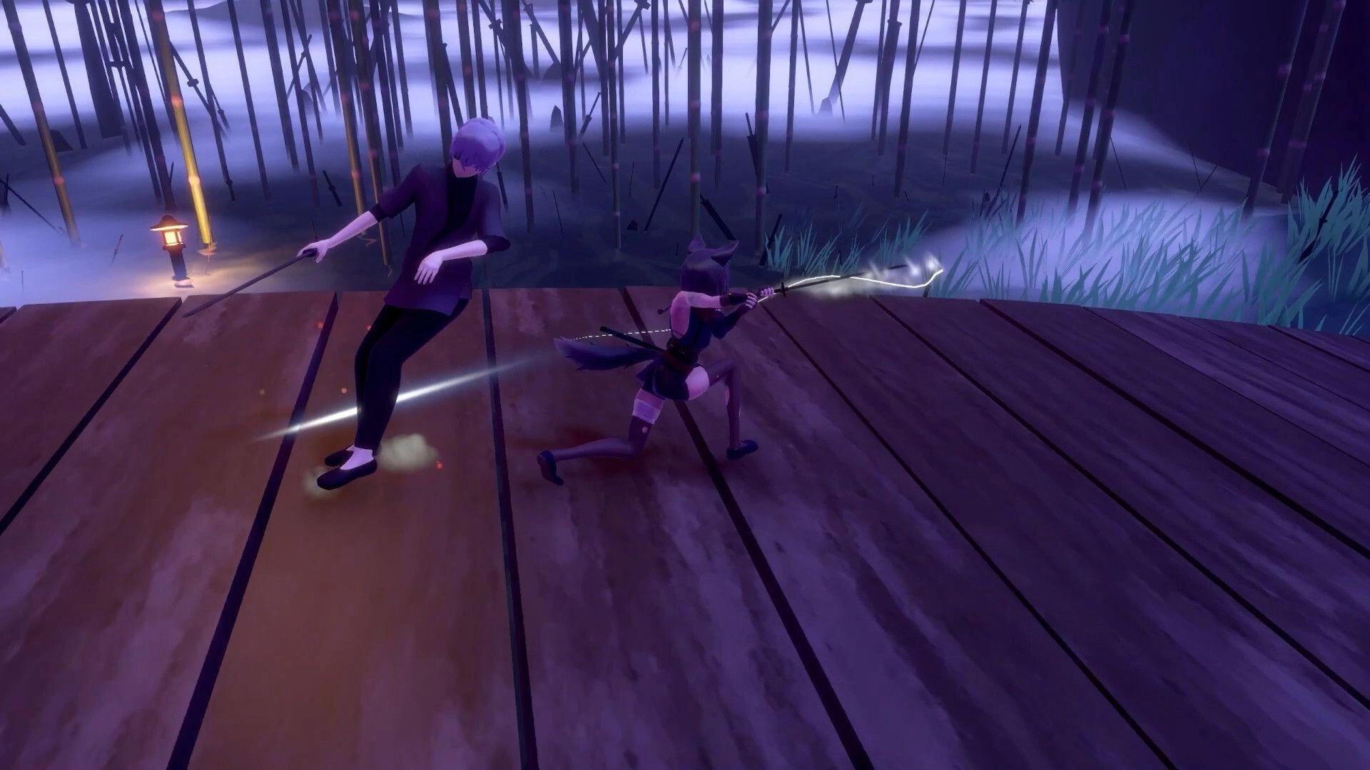 Illusive Domain: Duel between two characters with glowing swords on a wooden platform in misty bamboo forest