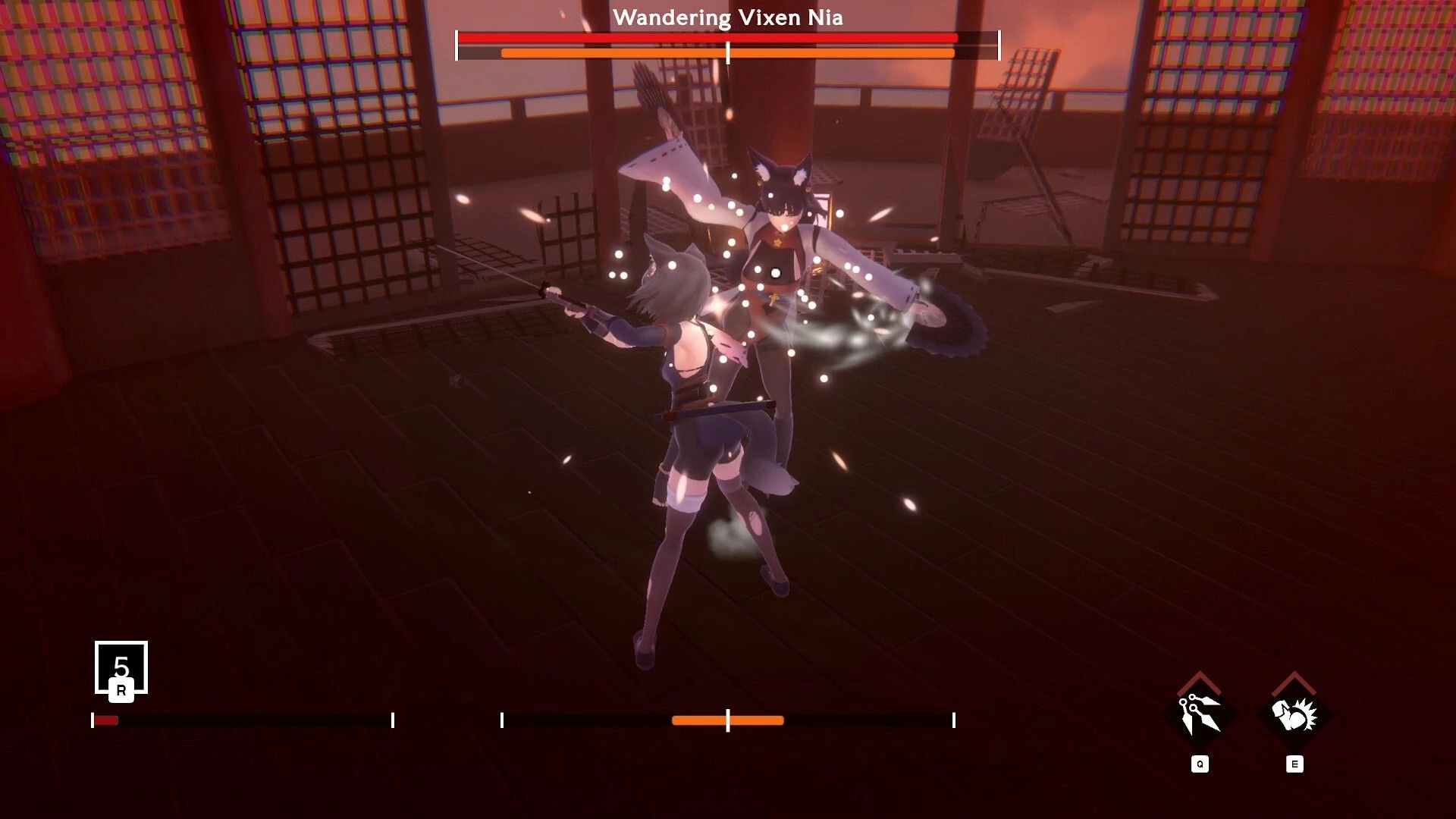 Illusive Domain: Combat with Wandering Vixen Nia in shadowy temple arena, health bars displayed