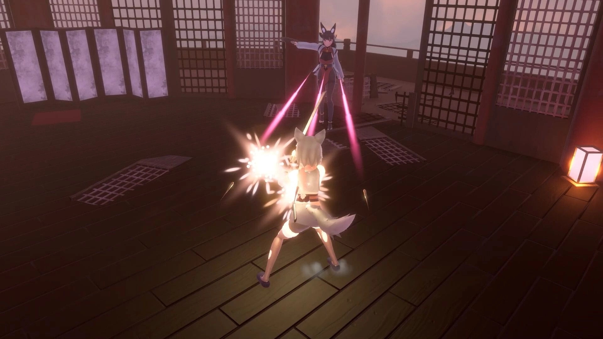 Illusive Domain: Two characters locked in combat with energy blasts in a dimly lit wooden dojo setting.