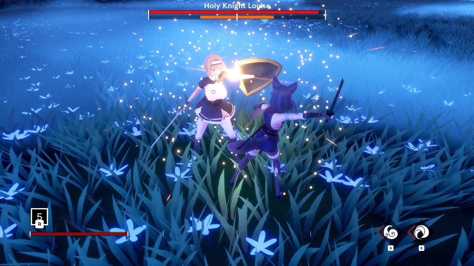 Illusive Domain: Holy Knight Louise parrying attack in a glowing meadow with health bar visible