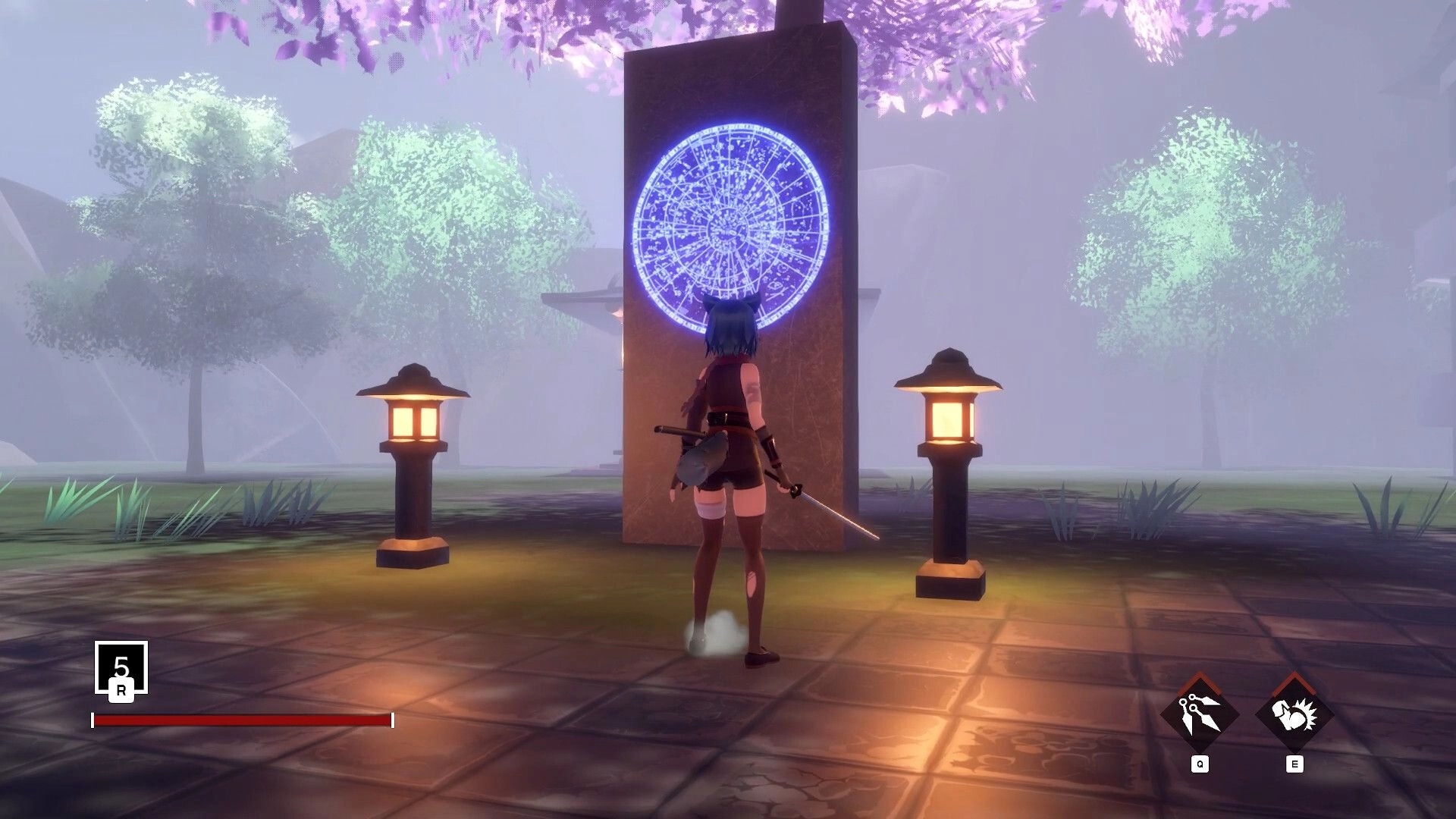 Illusive Domain: Character with sword stands before glowing rune in misty garden with lanterns