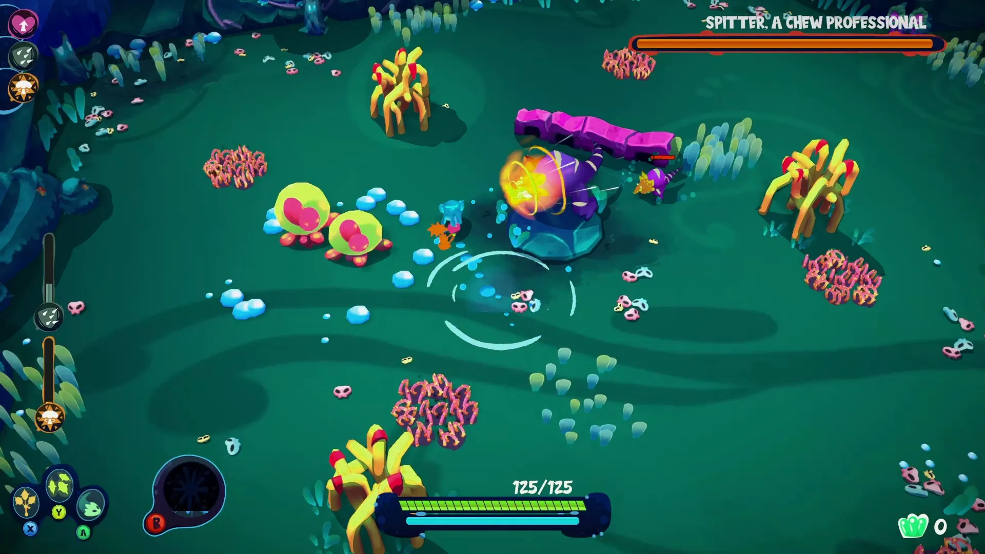 I'm Not Jelly: Player battles plant foes in vibrant alien forest with health bar and skill icons displayed