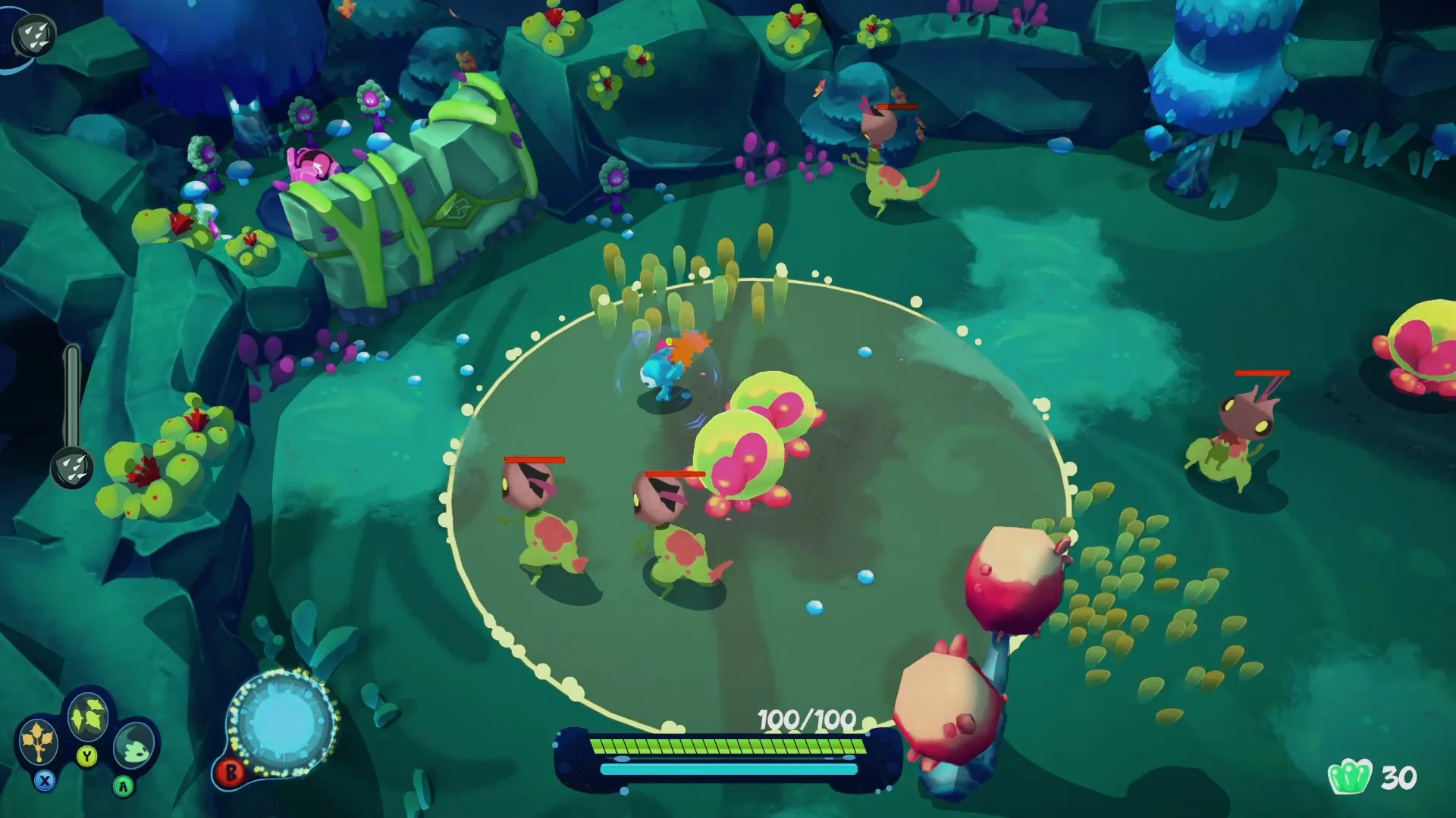 I'm Not Jelly: Player character battles plant foes in lush forest clearing with UI elements visible.