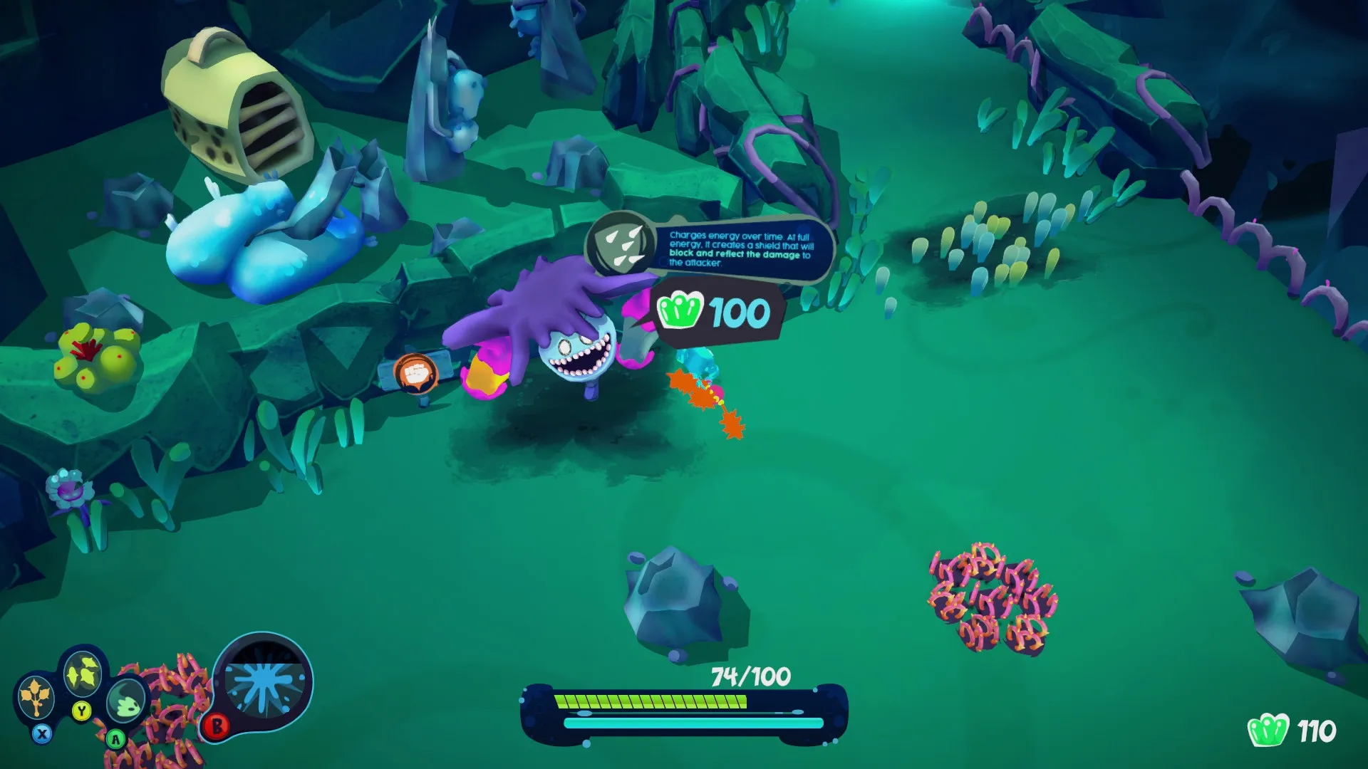 I'm Not Jelly: Purple Jelly character with a shield upgrade in an alien forest environment with UI icons.