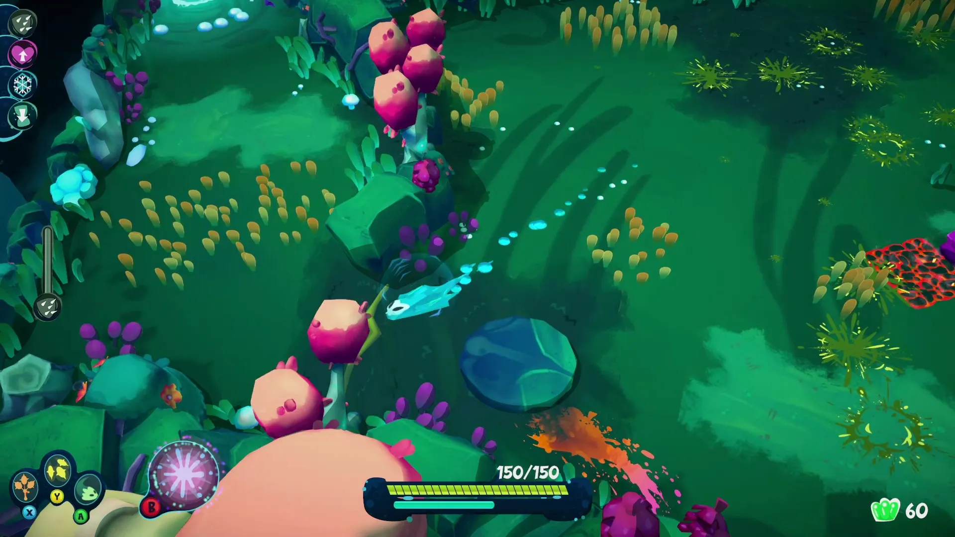 I'm Not Jelly: Jelly character gliding through vibrant forest with health bar and controls visible