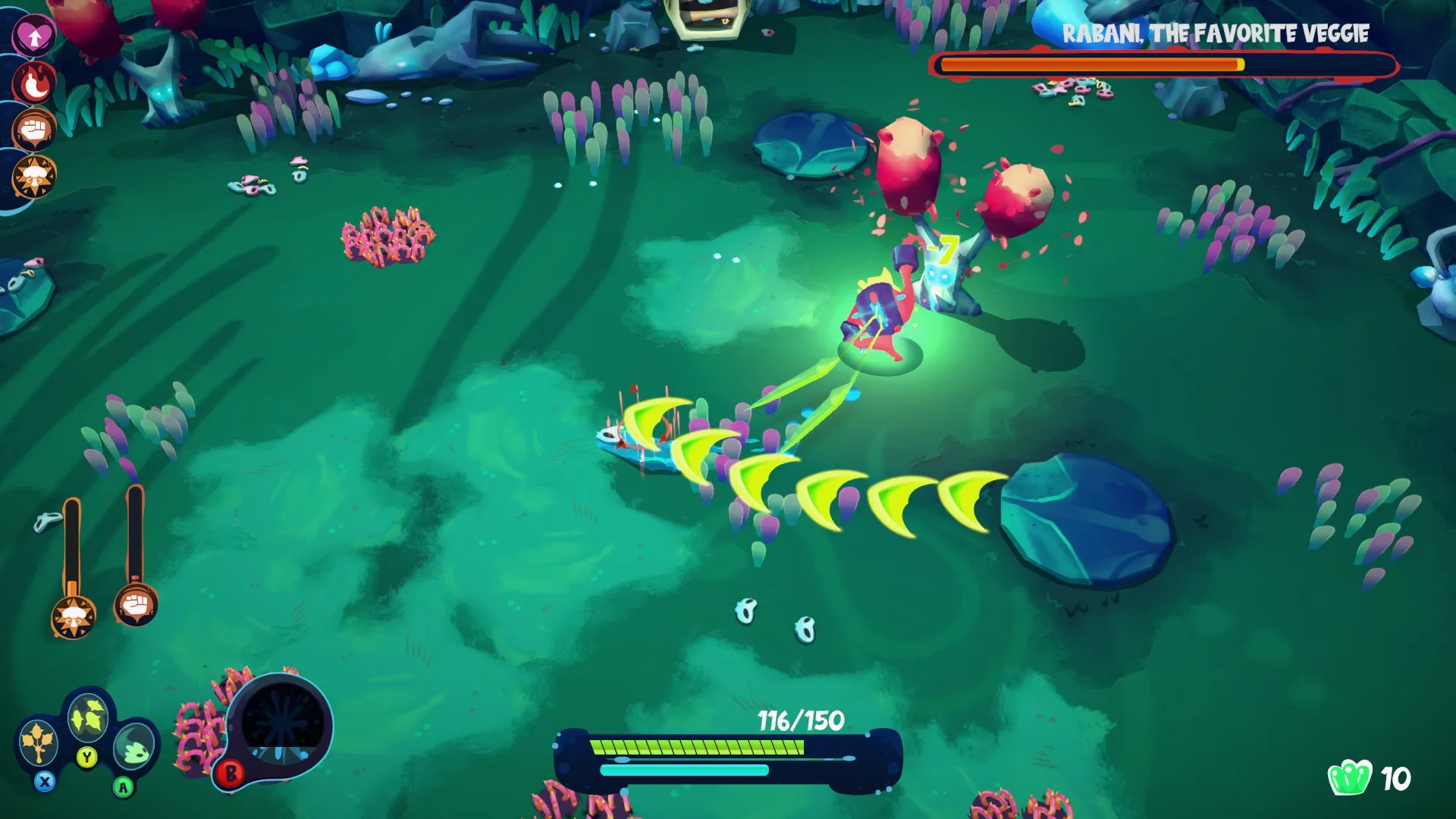 I'm Not Jelly: Player battles Rabani boss in vibrant alien forest with health and action icons visible