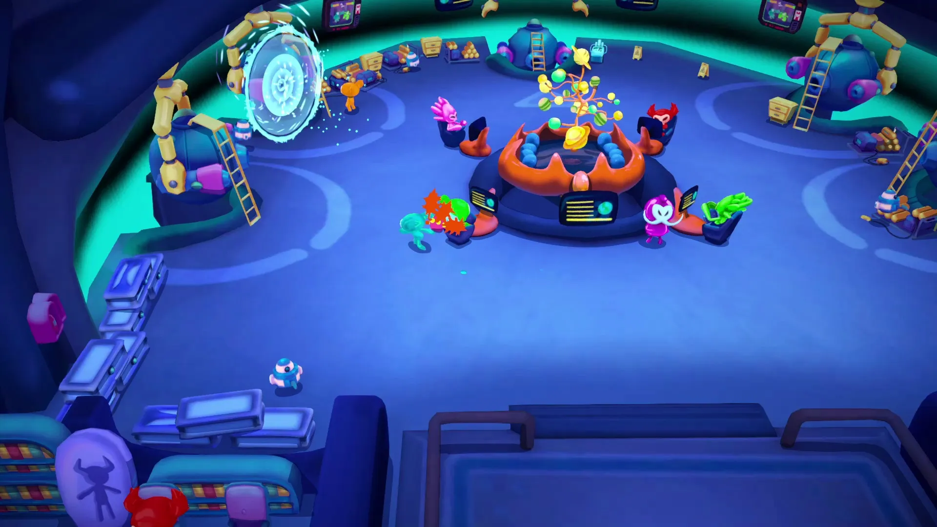 I'm Not Jelly: Central hub with Jelly characters interacting and a portal device in a vibrant control room