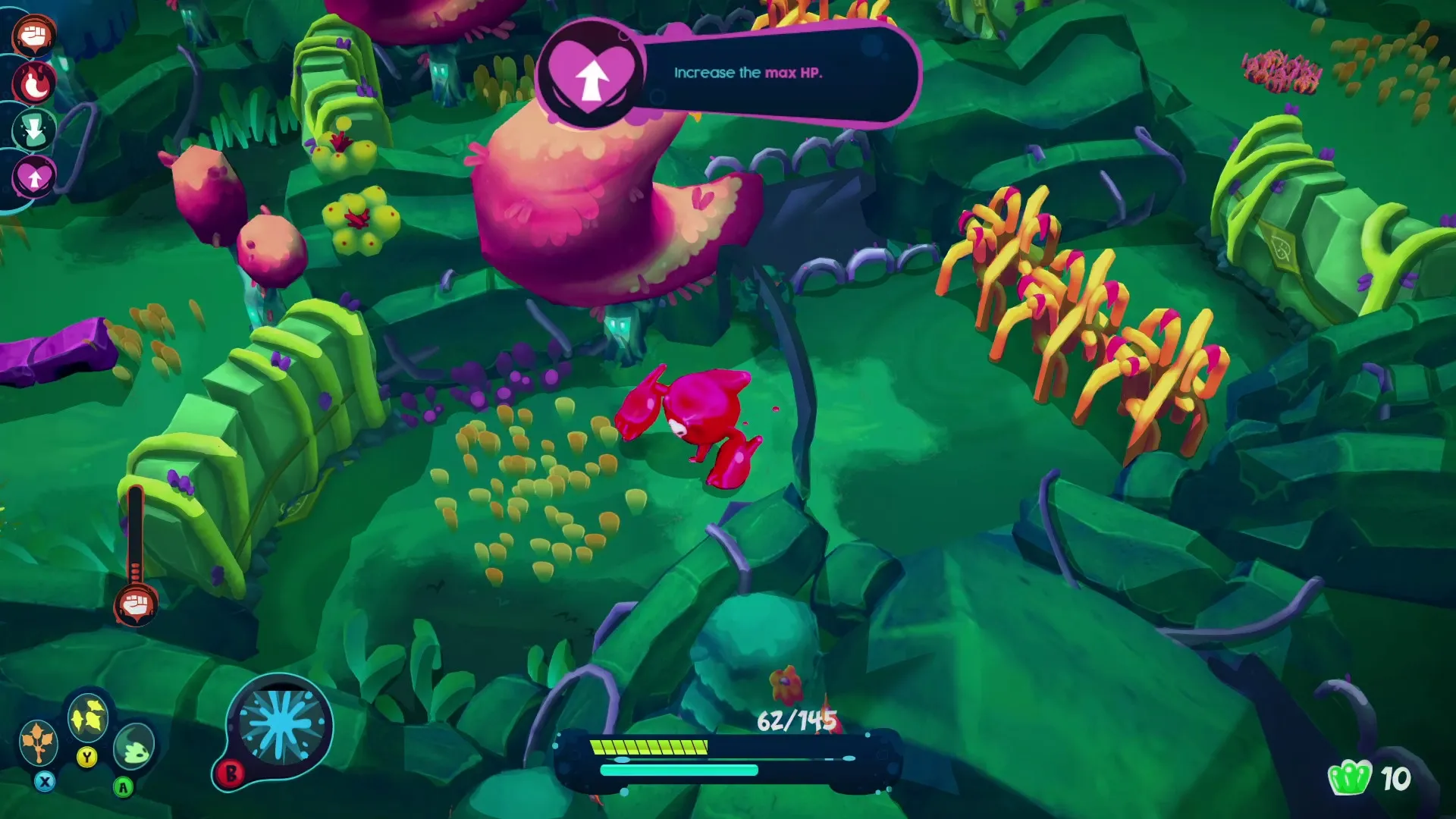 I'm Not Jelly: Jelly character exploring vibrant alien landscape with health bar and upgrade prompt visible