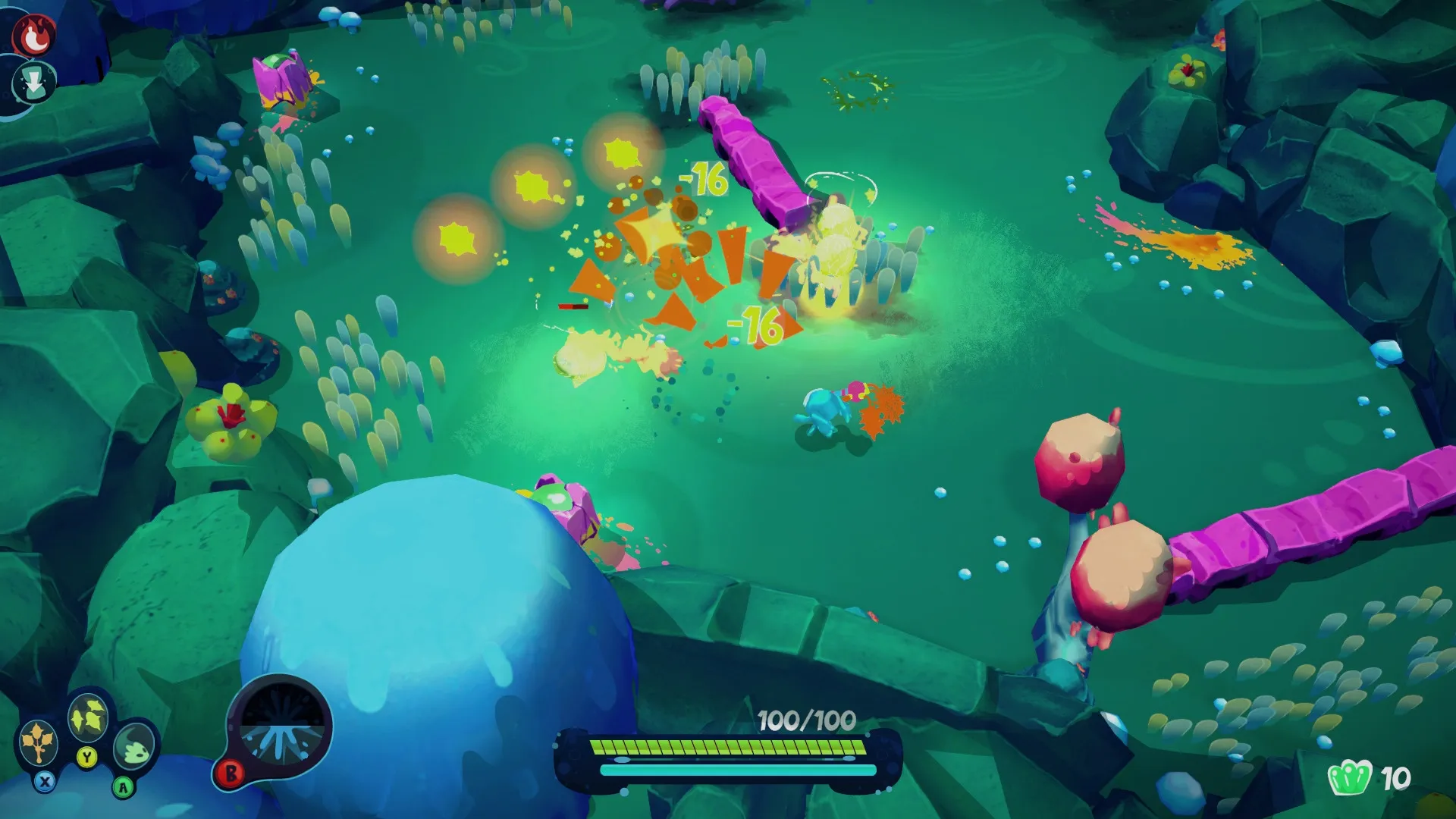 I'm Not Jelly: Combat with plant foes in a vibrant green environment, health bar and controls visible.