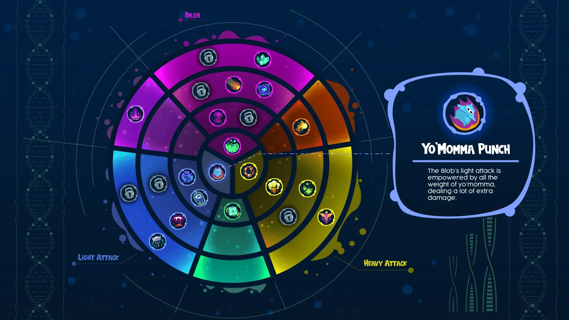 I'm Not Jelly: Skill wheel UI with "Yo'Momma Punch" description and various locked abilities displayed