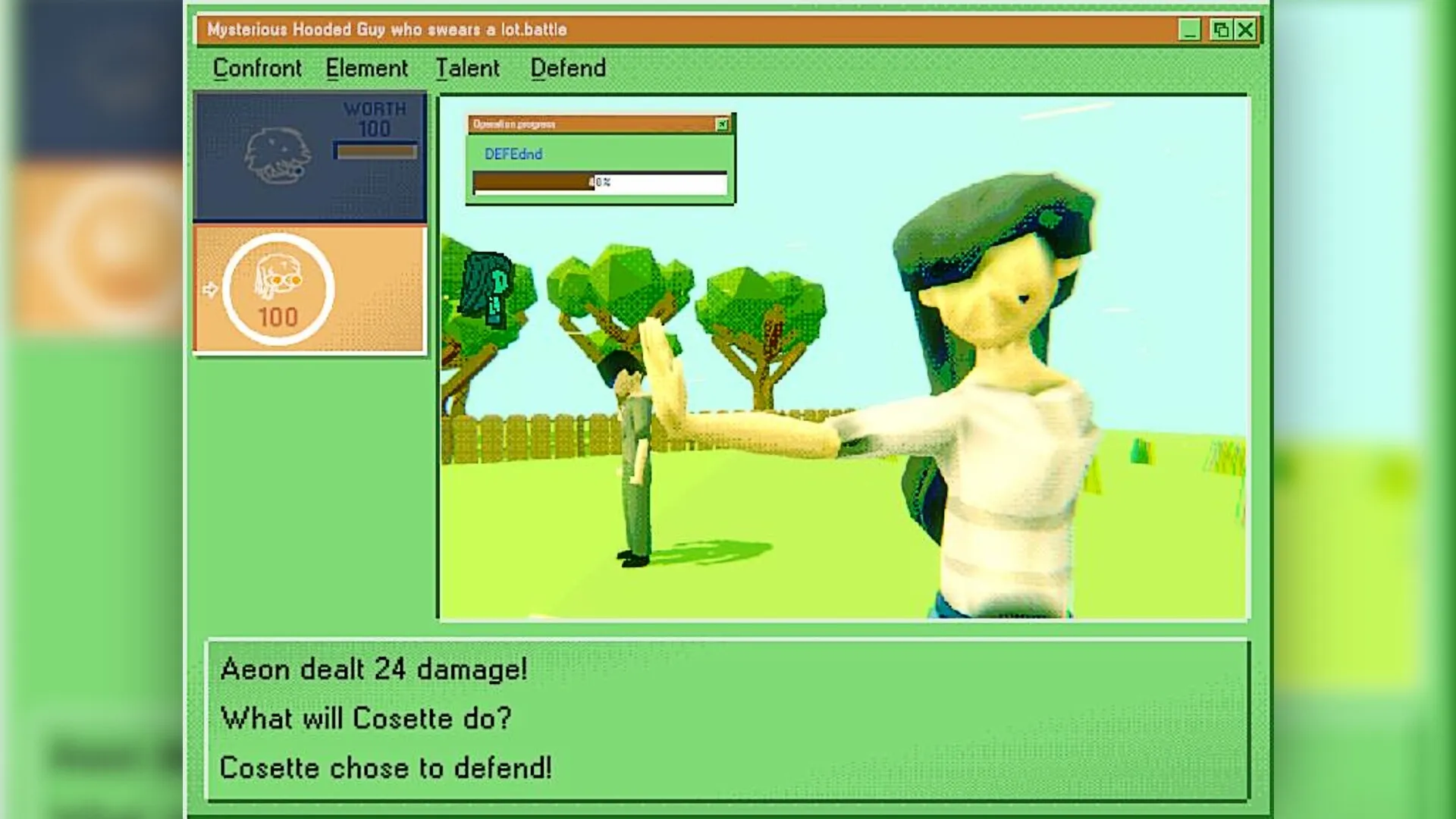 Immortal Boy: Cosette defends against mysterious hooded guy in a bright, pixelated garden setting.