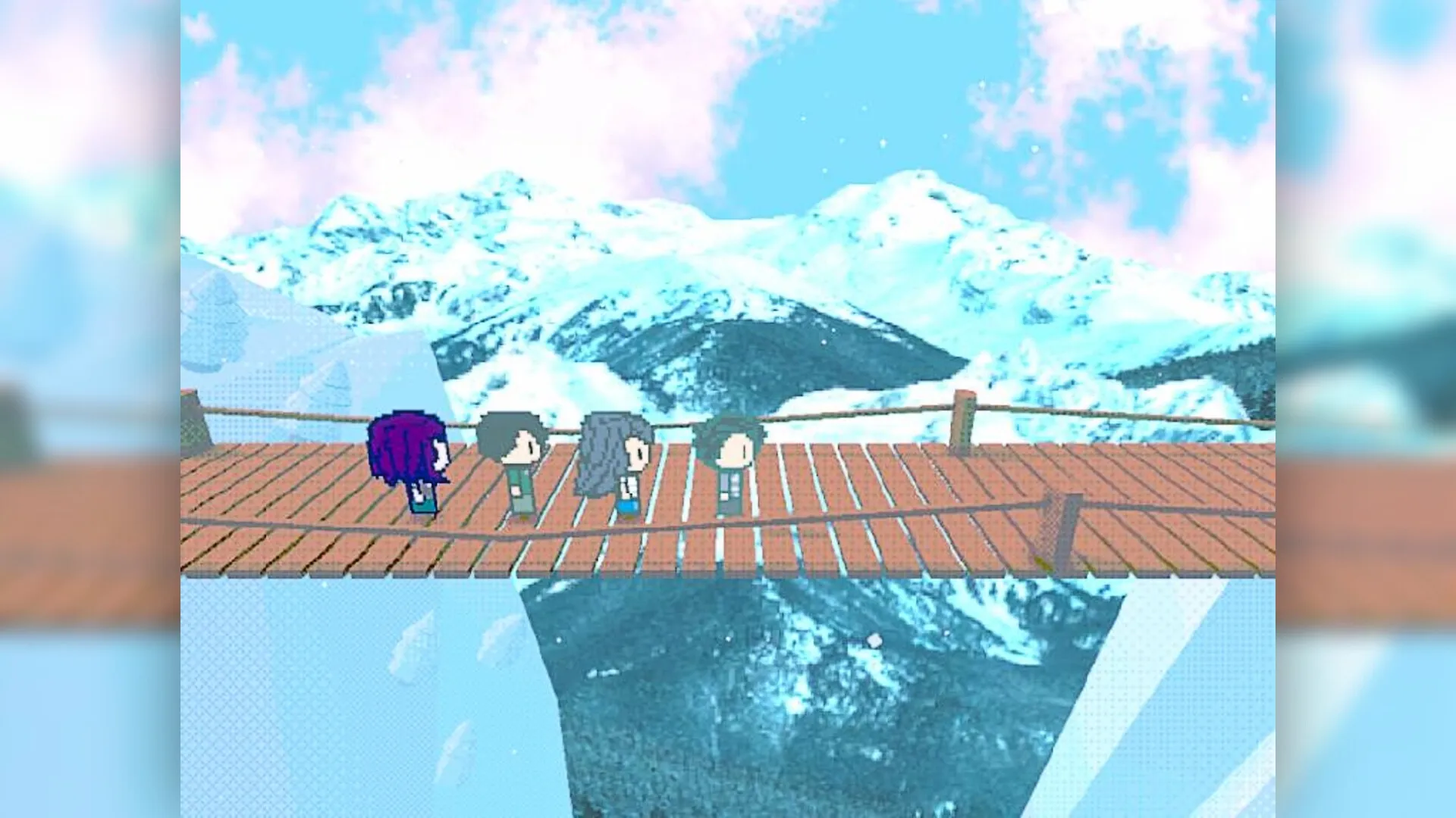 Immortal Boy: Four characters walking across a wooden bridge in a snowy mountain landscape.