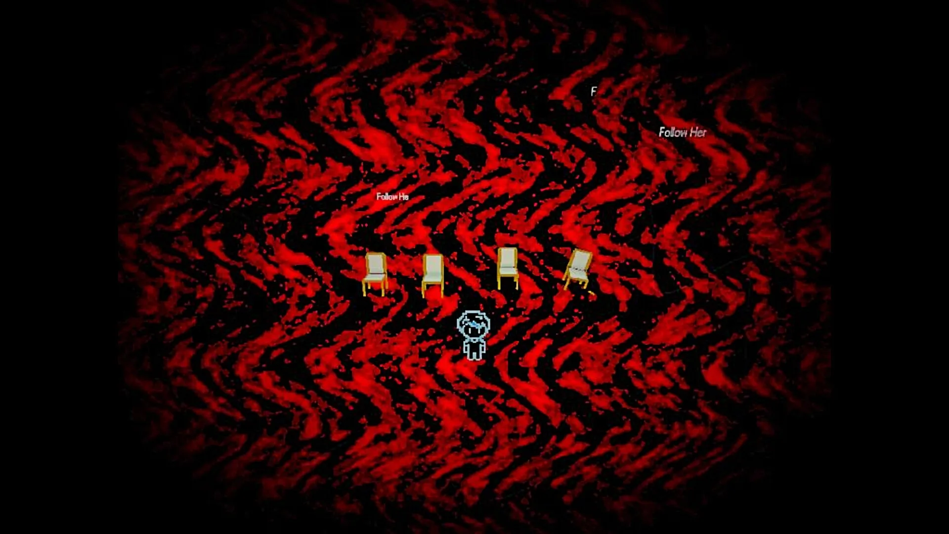 Immortal Boy: Character stands amidst red swirling patterns with floating chairs and text prompts around.