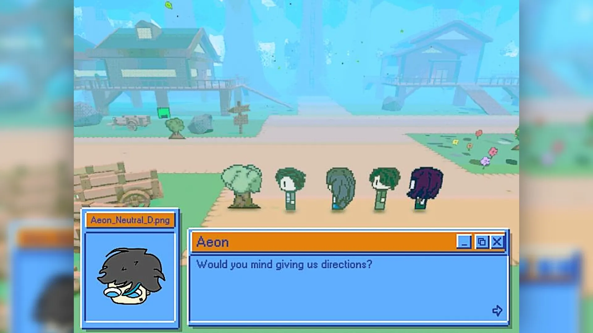 Immortal Boy: Aeon asking for directions from NPCs in a pixelated village with colorful flowers and trees.