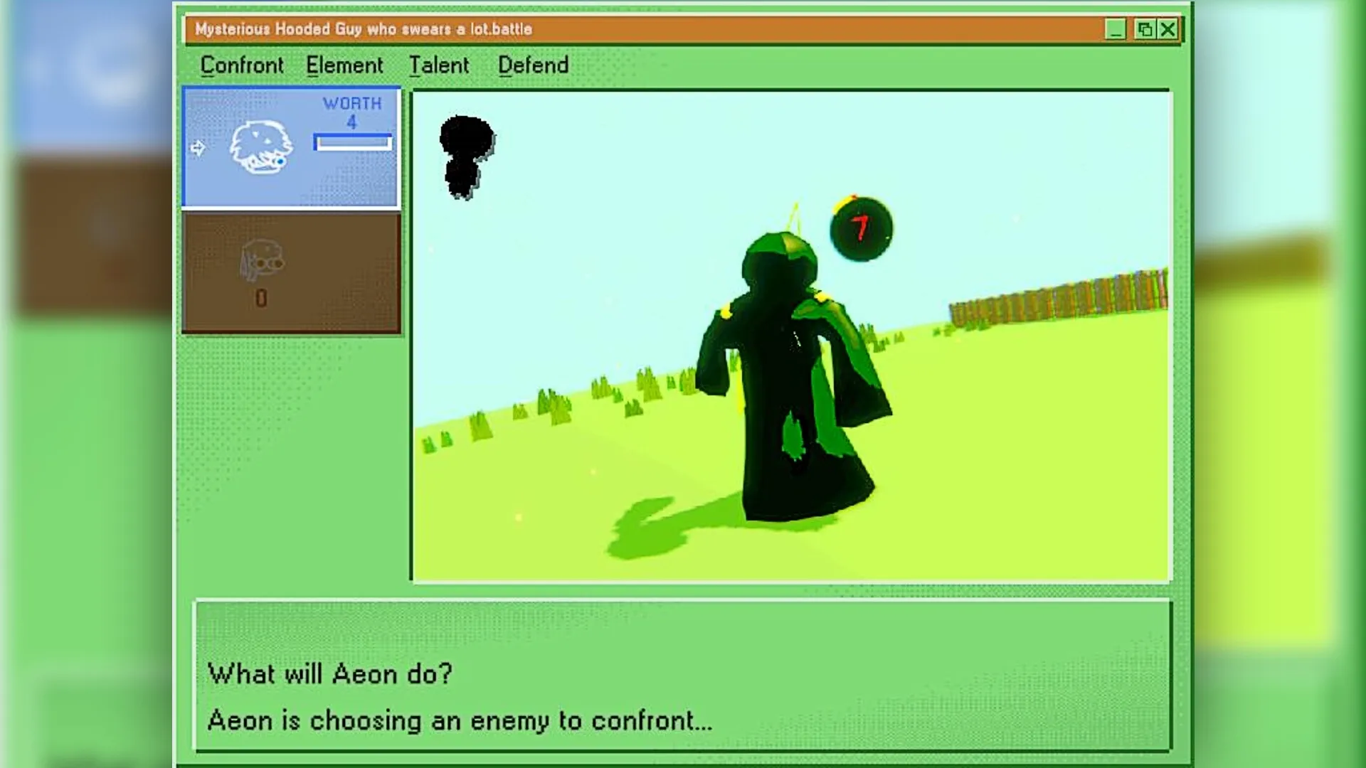 Immortal Boy: Aeon confronts a hooded figure in a grassy field with battle options displayed