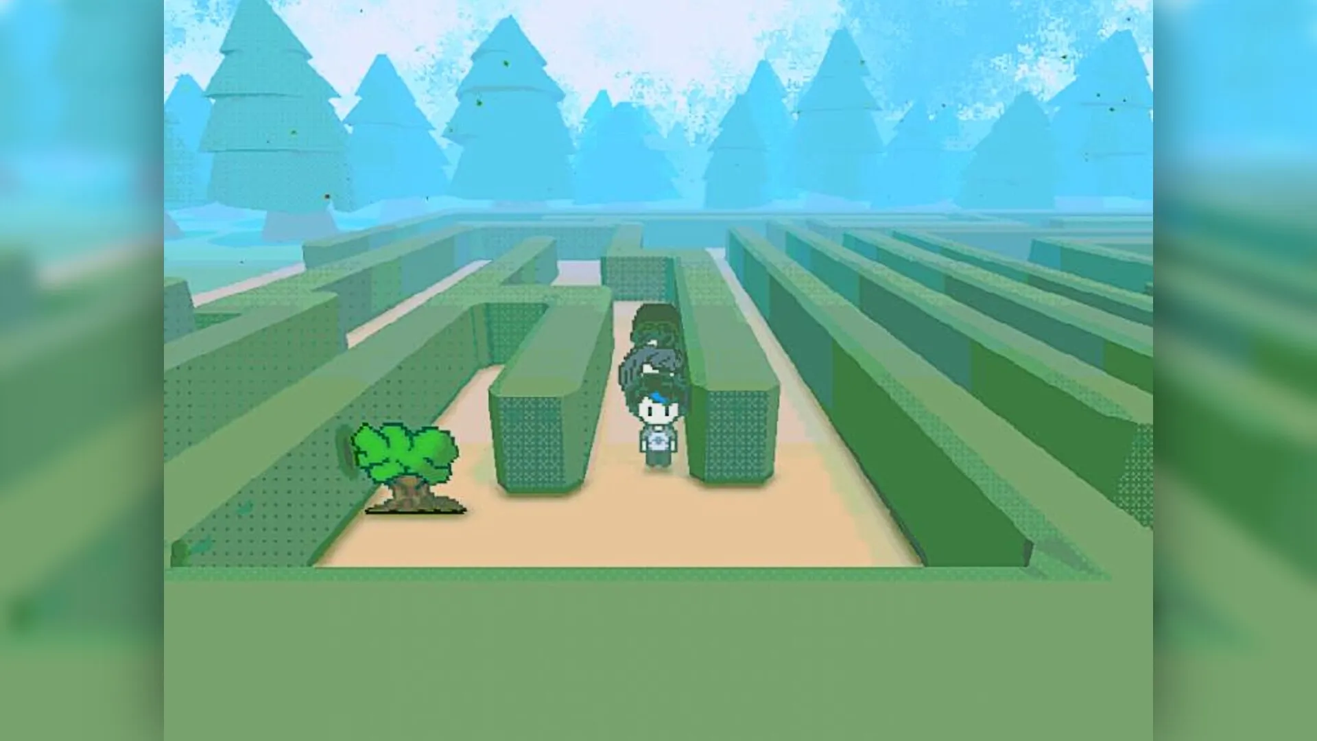 Immortal Boy: Character navigating a green hedge maze in a forest with tall, stylized trees in the distance.