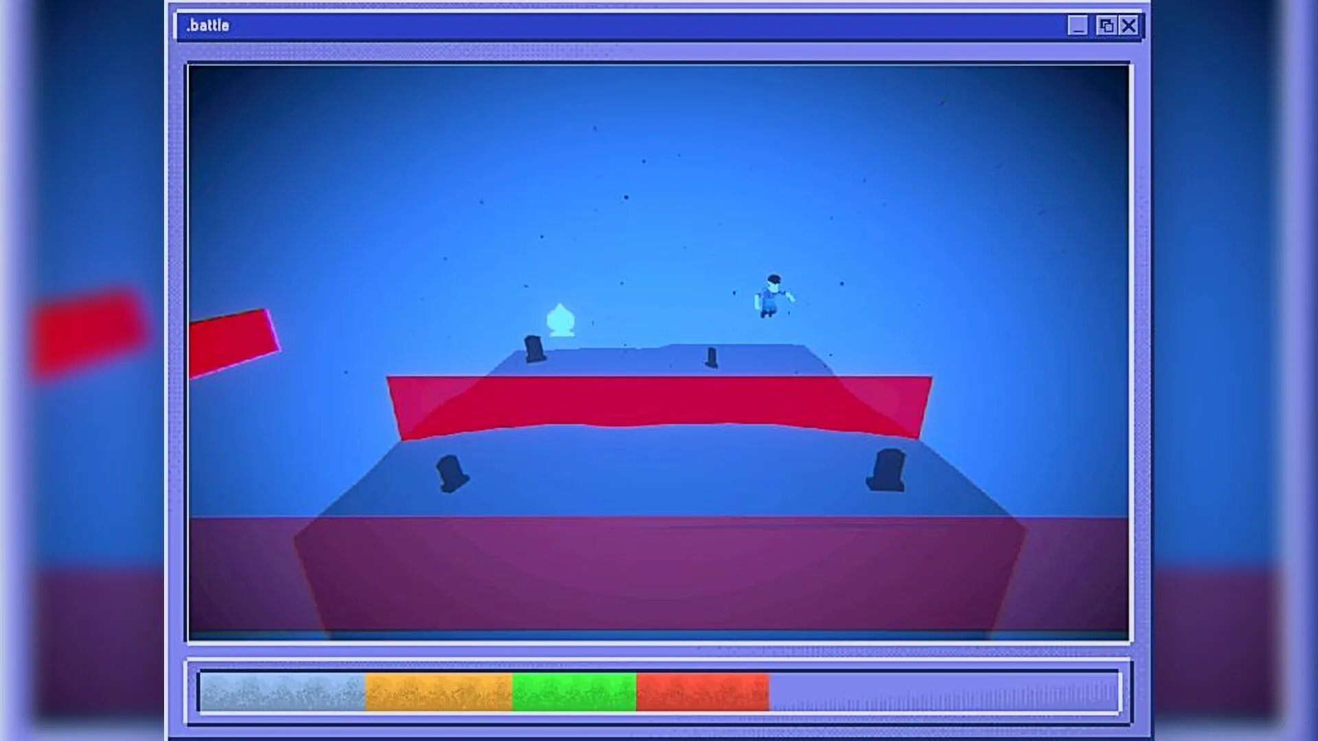 Immortal Boy: Jumping over red platforms in a blue arena with health bar and obstacles visible