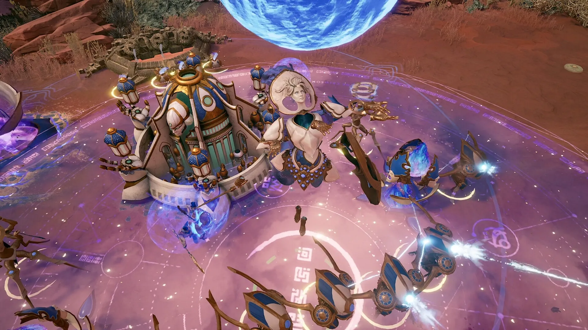 IMMORTAL: Floating Immortal with army and ornate building in a mystical, circular battlefield setting.