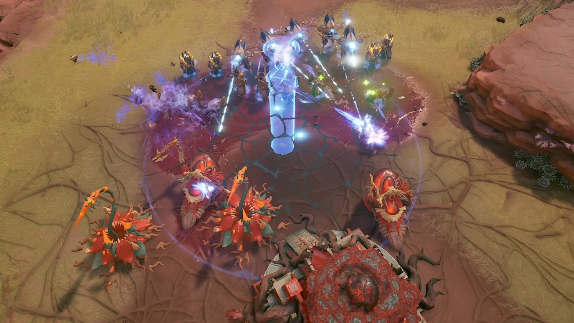 IMMORTAL: Intense battle with magical spells and units clashing in a desert terrain setting