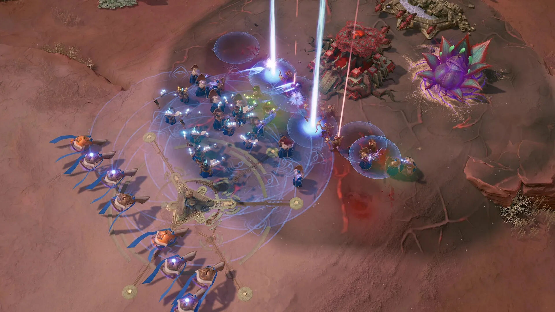 IMMORTAL: Large-scale battle with soldiers and magic effects on a desert battlefield near enemy structures.