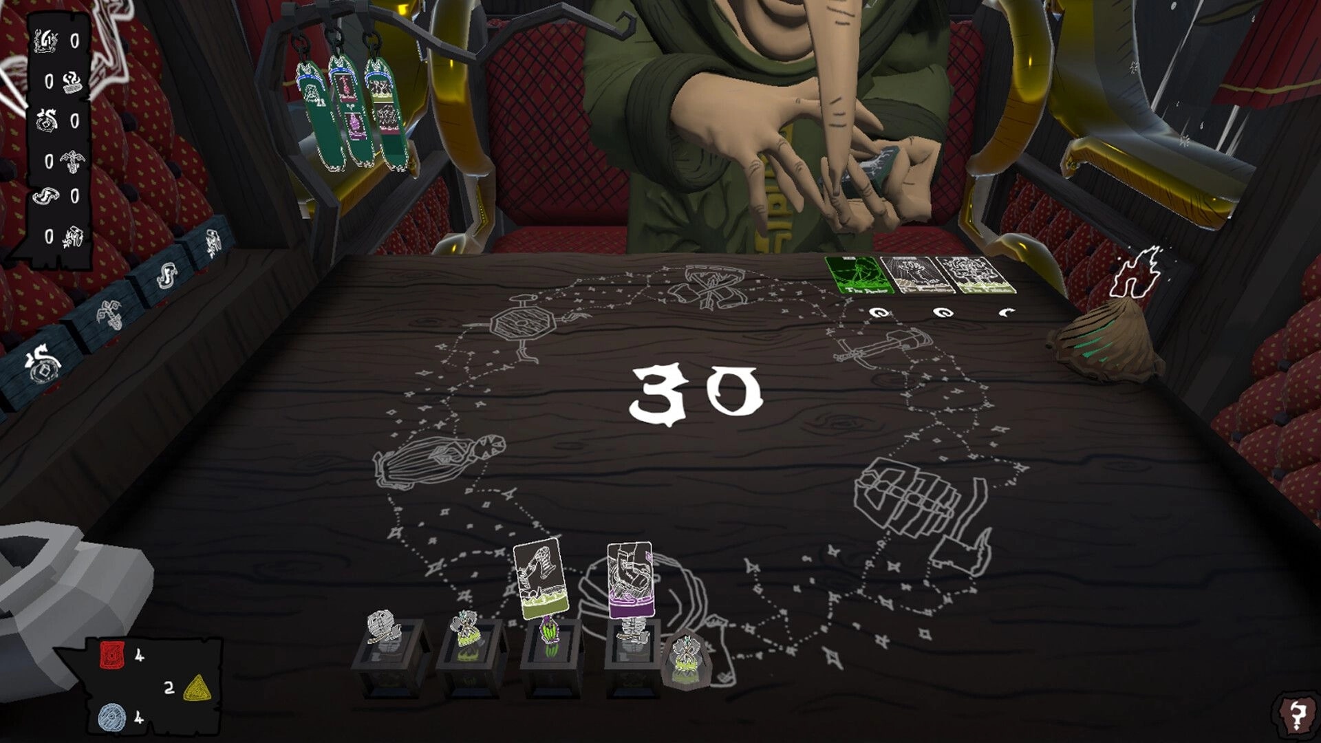 Imperfect Smile: Card game setup with mysterious figure dealing cards in a dimly lit, ornate room