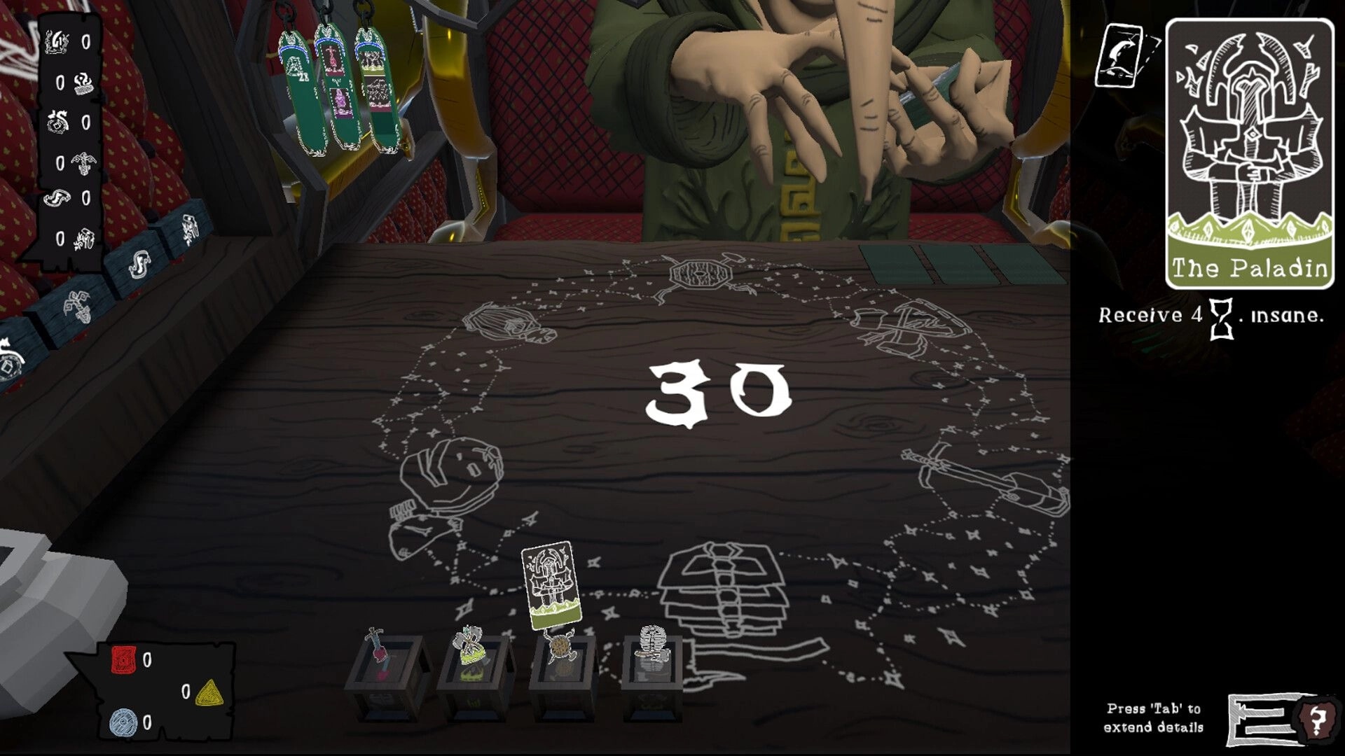 Imperfect Smile: Card selection phase with The Paladin card highlighted, showing stats and actions.