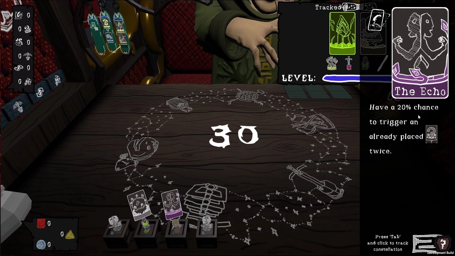 Imperfect Smile: Card game interface with "The Echo" card details and constellation pattern on table