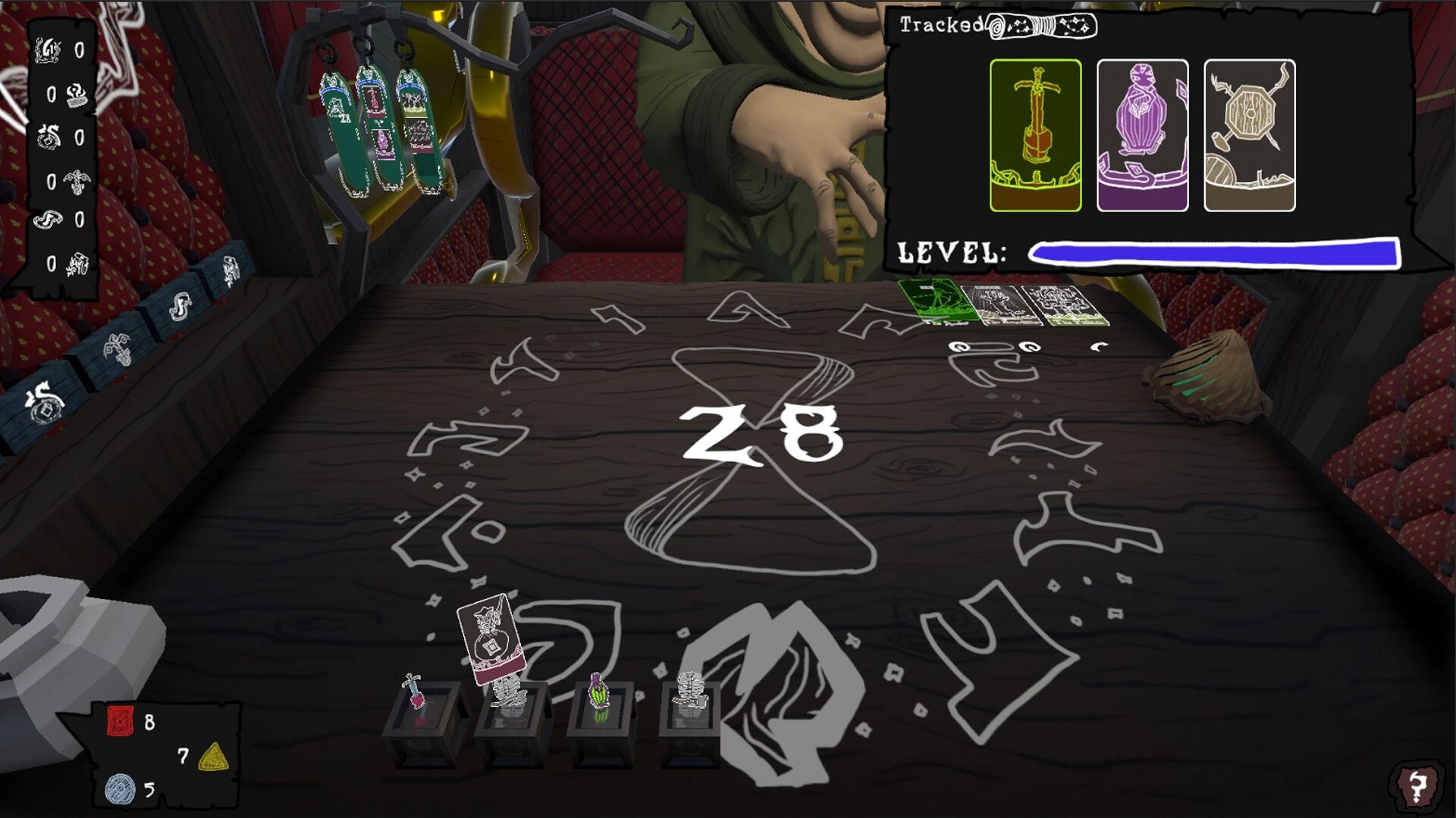 Imperfect Smile: Card game interface with character's hand and level tracker in a dimly lit room