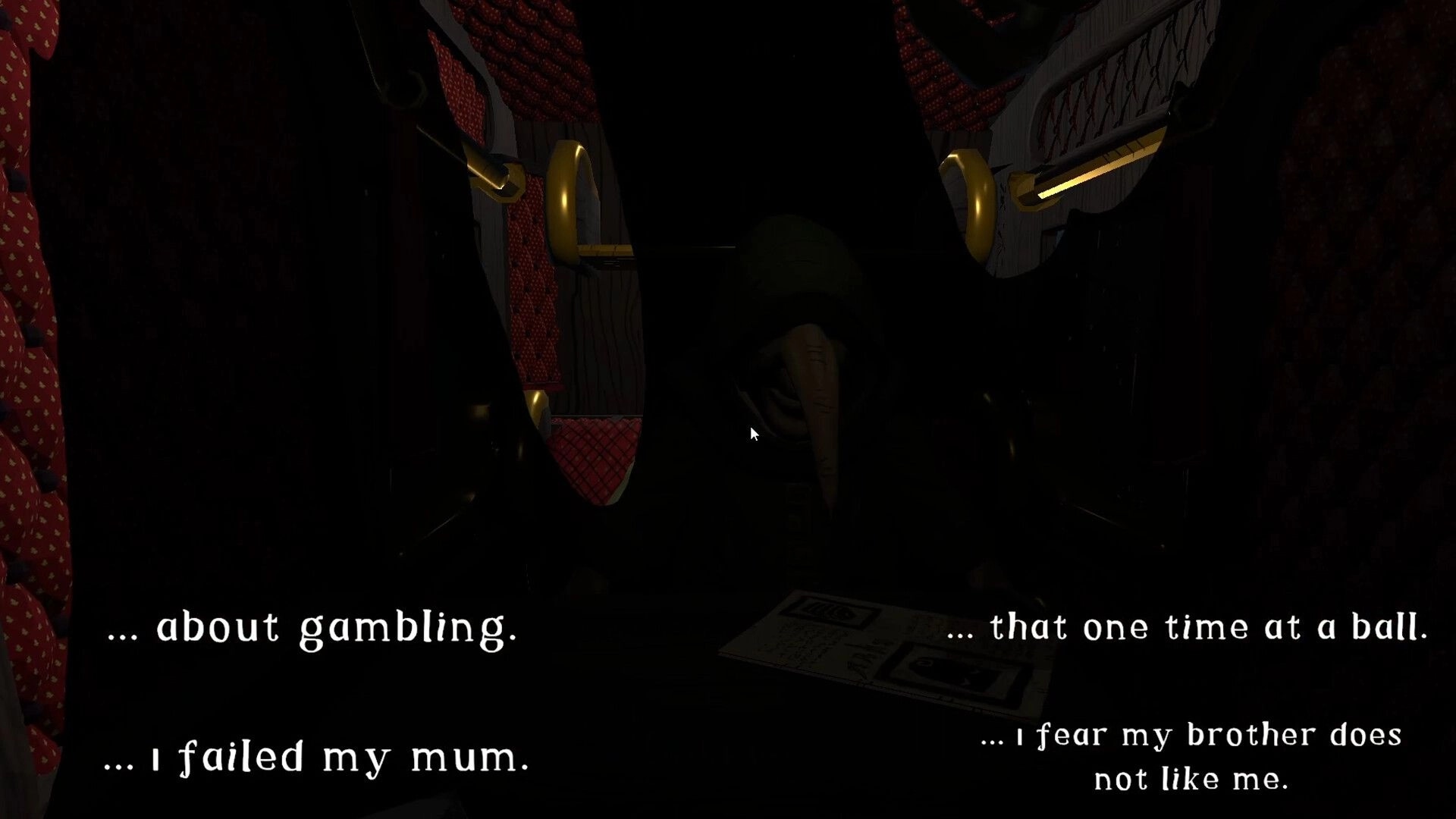 Imperfect Smile: Hooded figure in dimly lit carriage with cards and text revealing personal confessions.