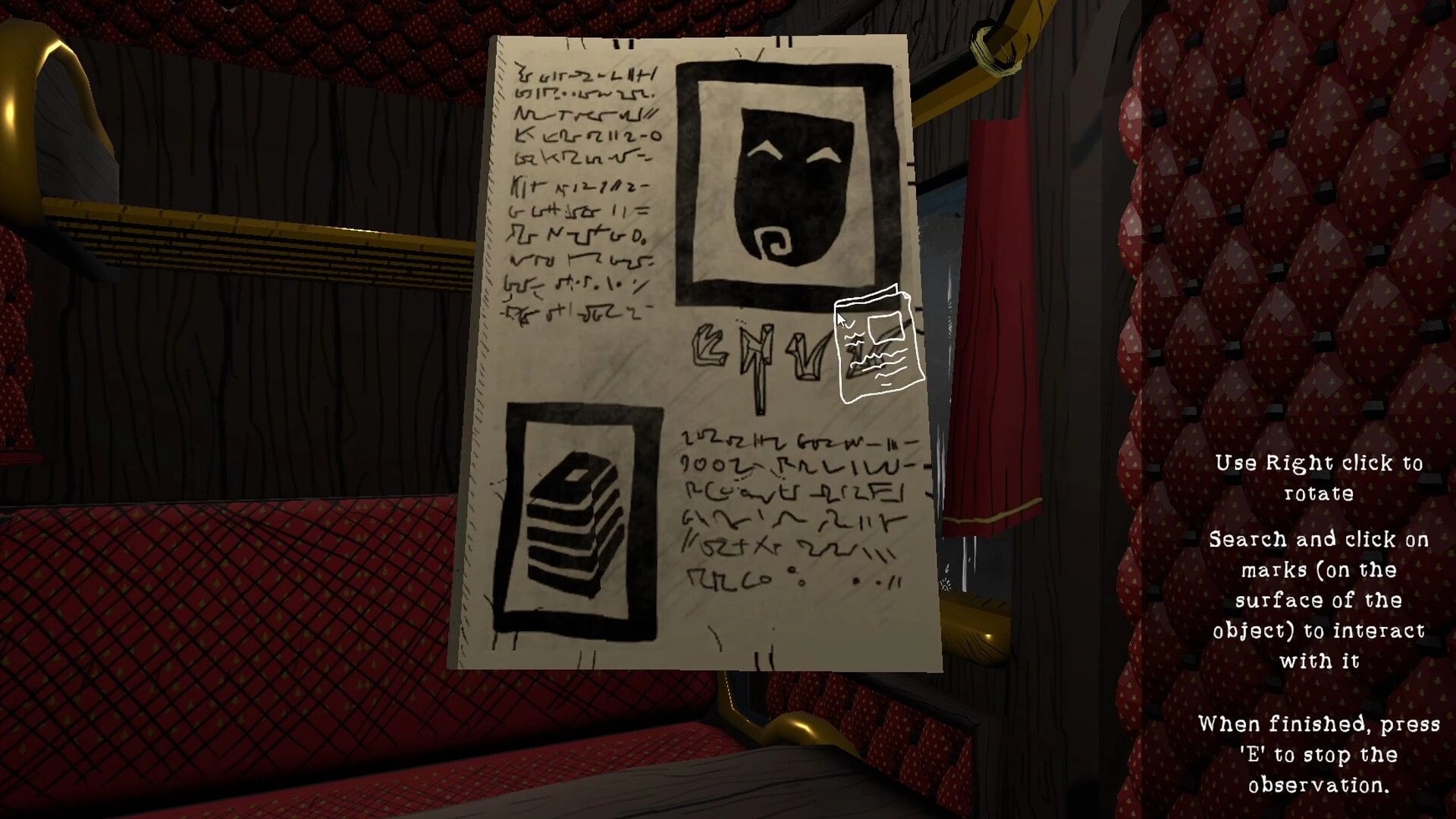 Imperfect Smile: Mysterious journal with cryptic symbols in a plush red carriage interior
