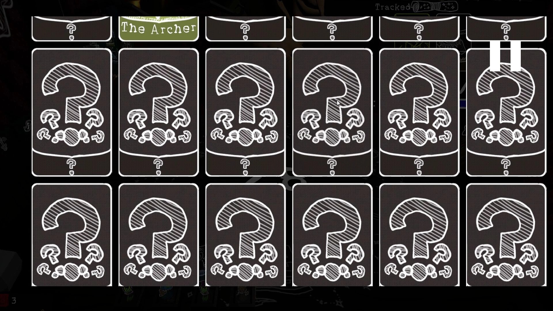 Imperfect Smile: Card selection screen with twelve cards featuring question marks and "The Archer" highlighted