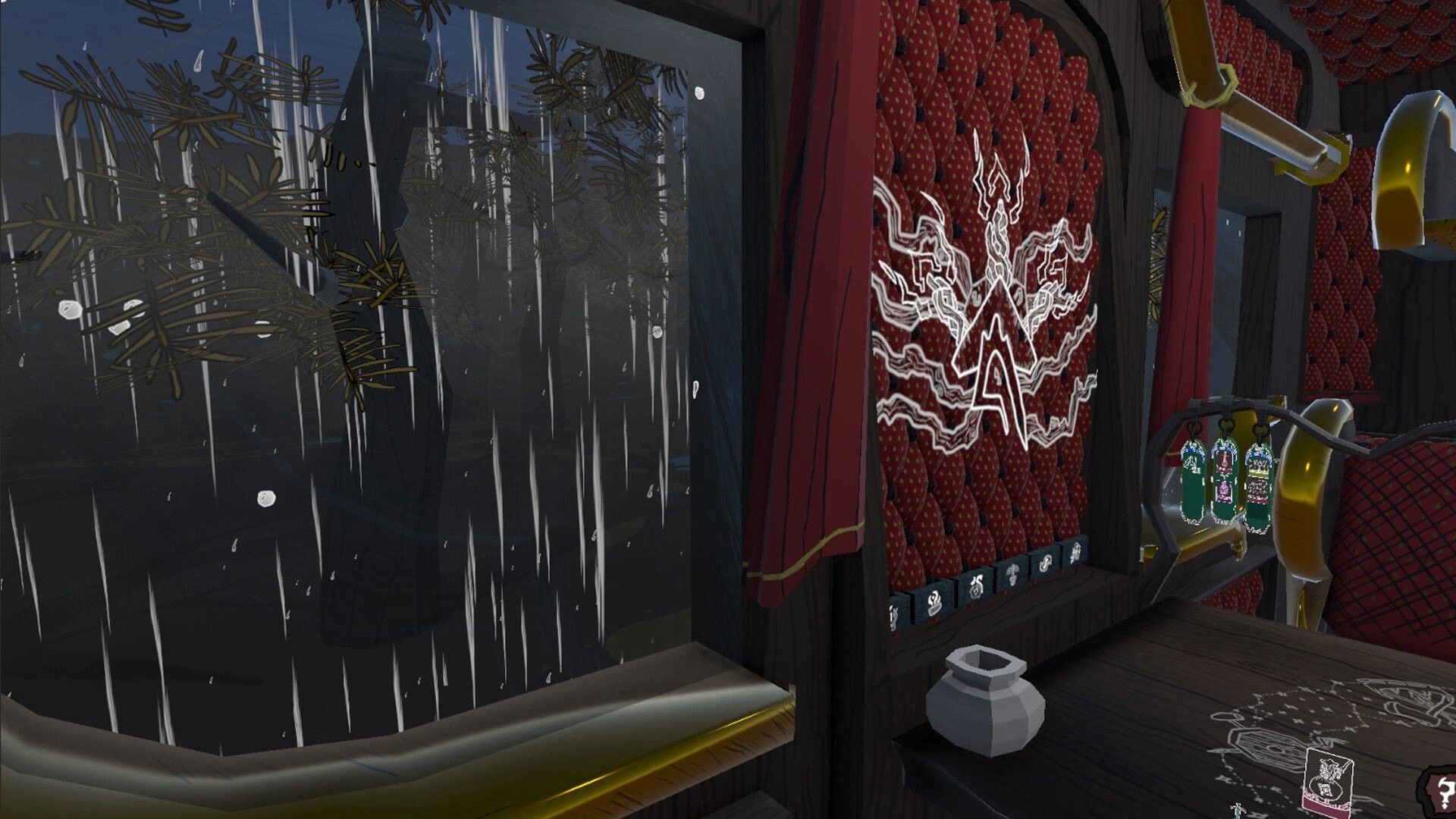 Imperfect Smile: View from a windowed room with red wallpaper, ornate symbols, and hanging green charms.