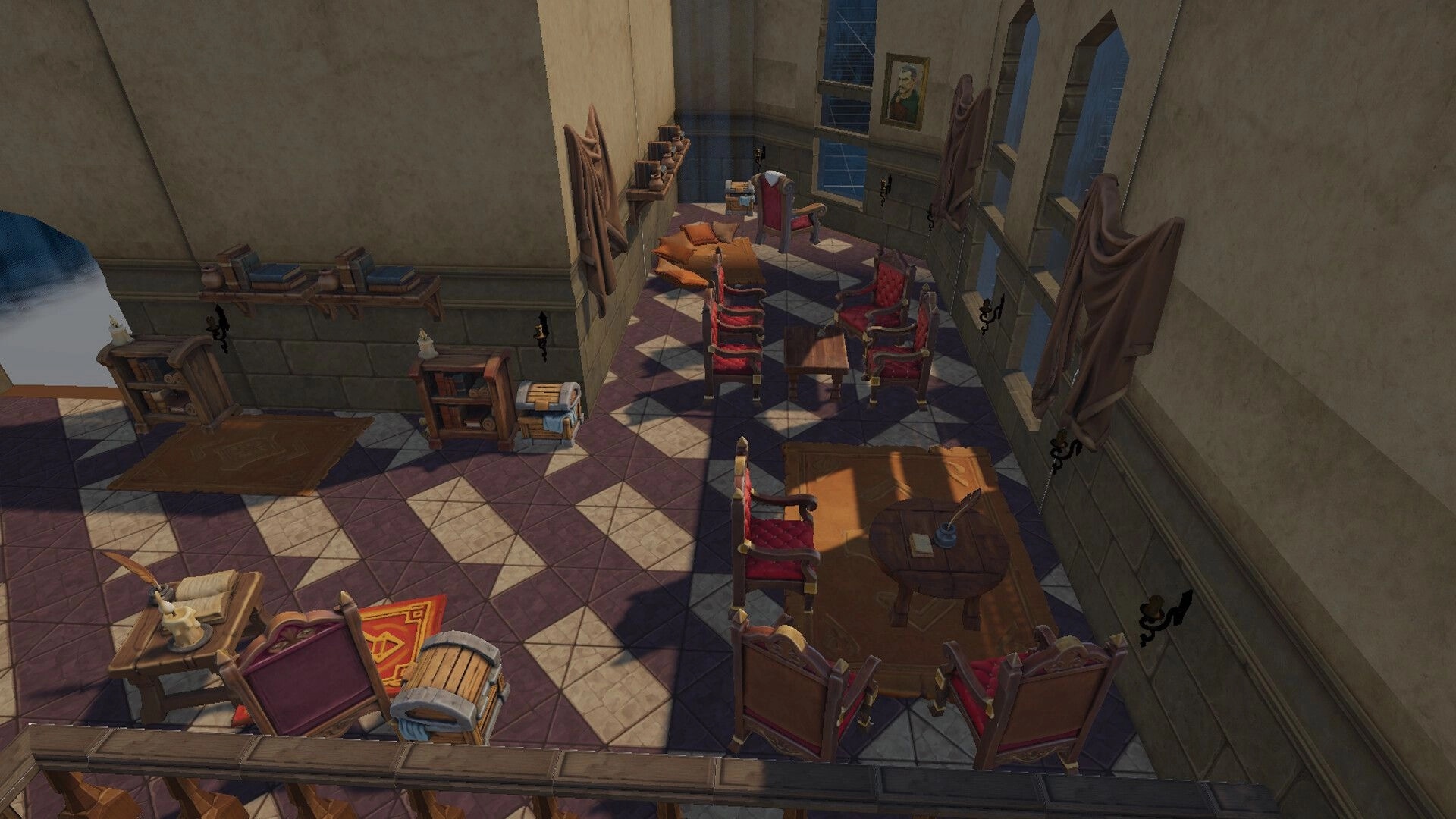 Imperfect Smile: Cozy manor room with plush chairs, bookshelves, and scattered scrolls on tiled floor