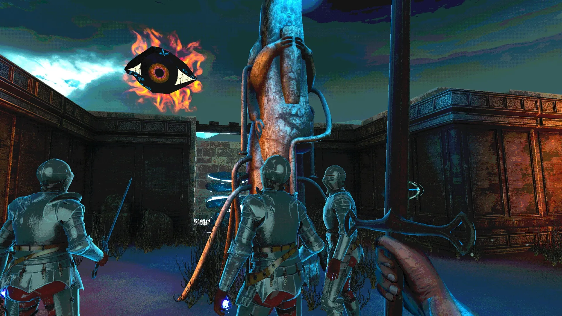 Imperium: Paladins gather by a pillar under a fiery eye in a fortress courtyard at night.