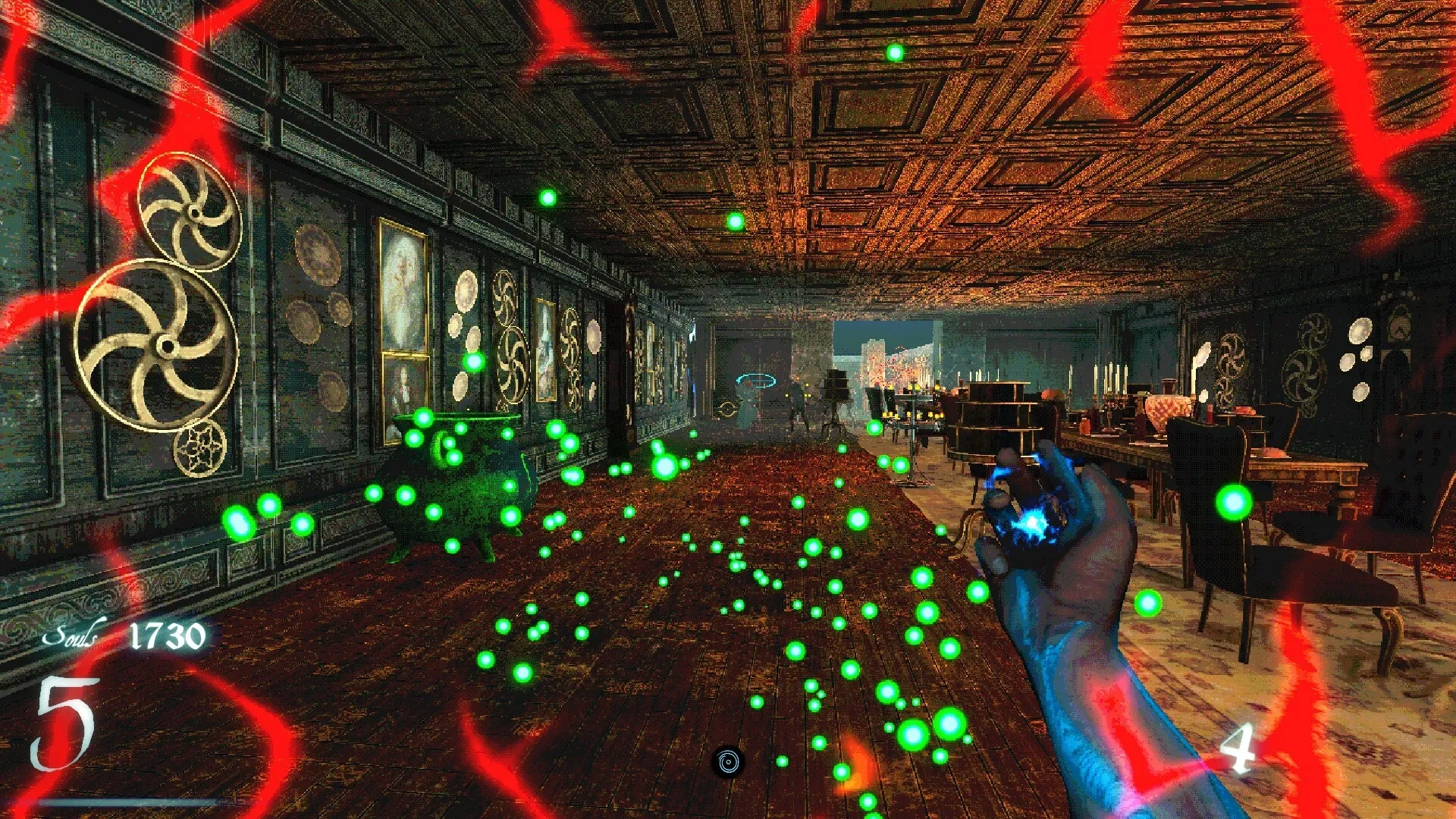 Imperium: Casting a spell in an ornate medieval hall filled with swirling green energy orbs