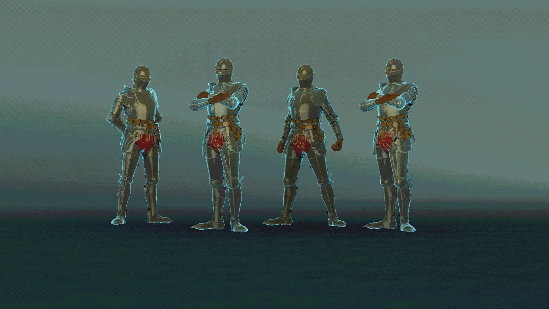 Imperium: Four armored Paladins stand confidently in a dimly lit arena, ready for the battle ahead.