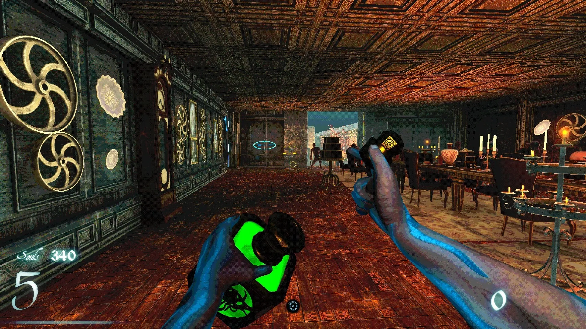 Imperium: First-person view holding glowing potion and rune in candlelit medieval hall with ornate walls