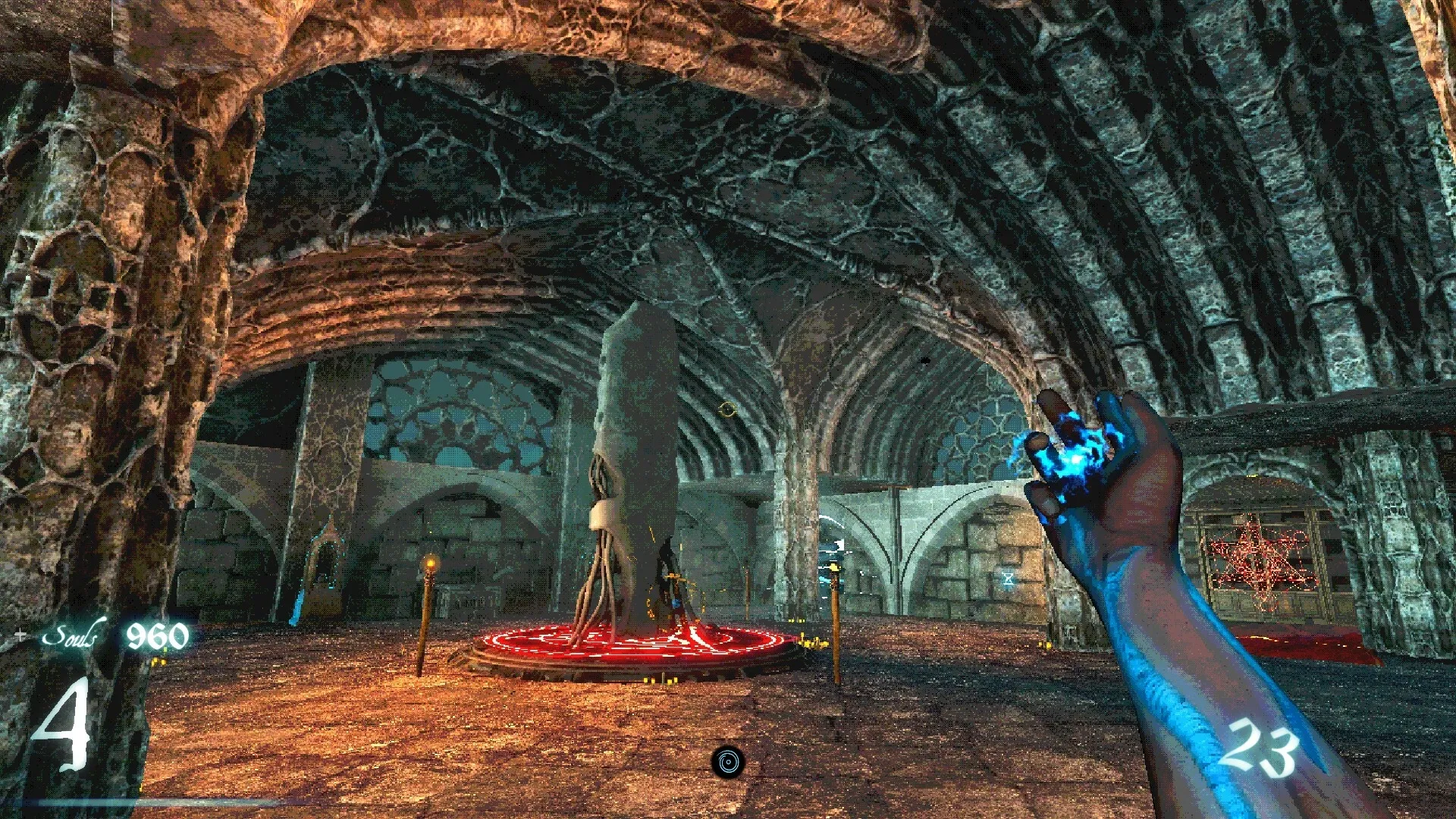 Imperium: Player casting spell in ancient stone chamber with glowing ritual circle and soul counter UI