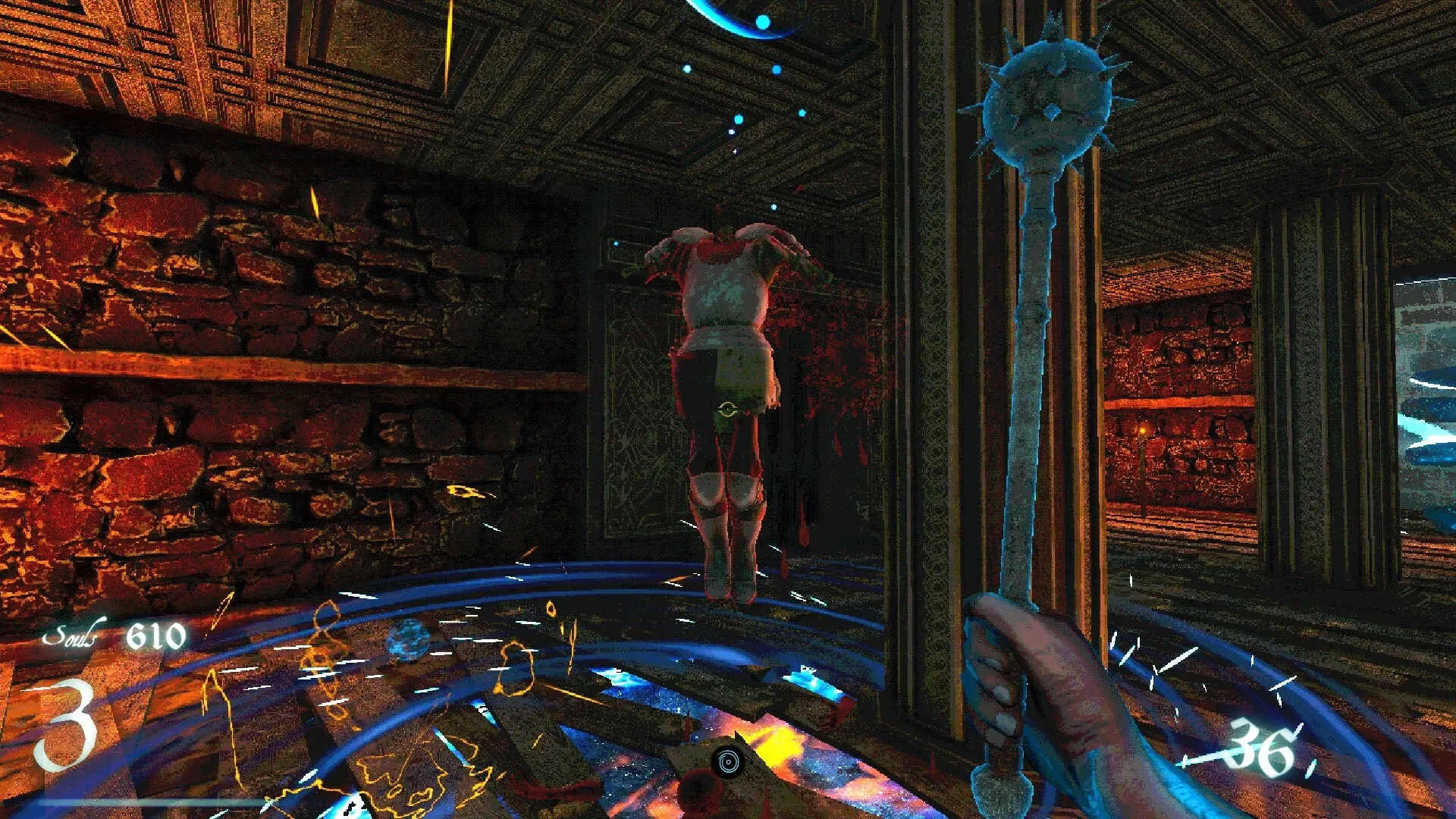 Imperium: Paladin holding mace approaches levitating foe amid glowing runes in stone-walled chamber
