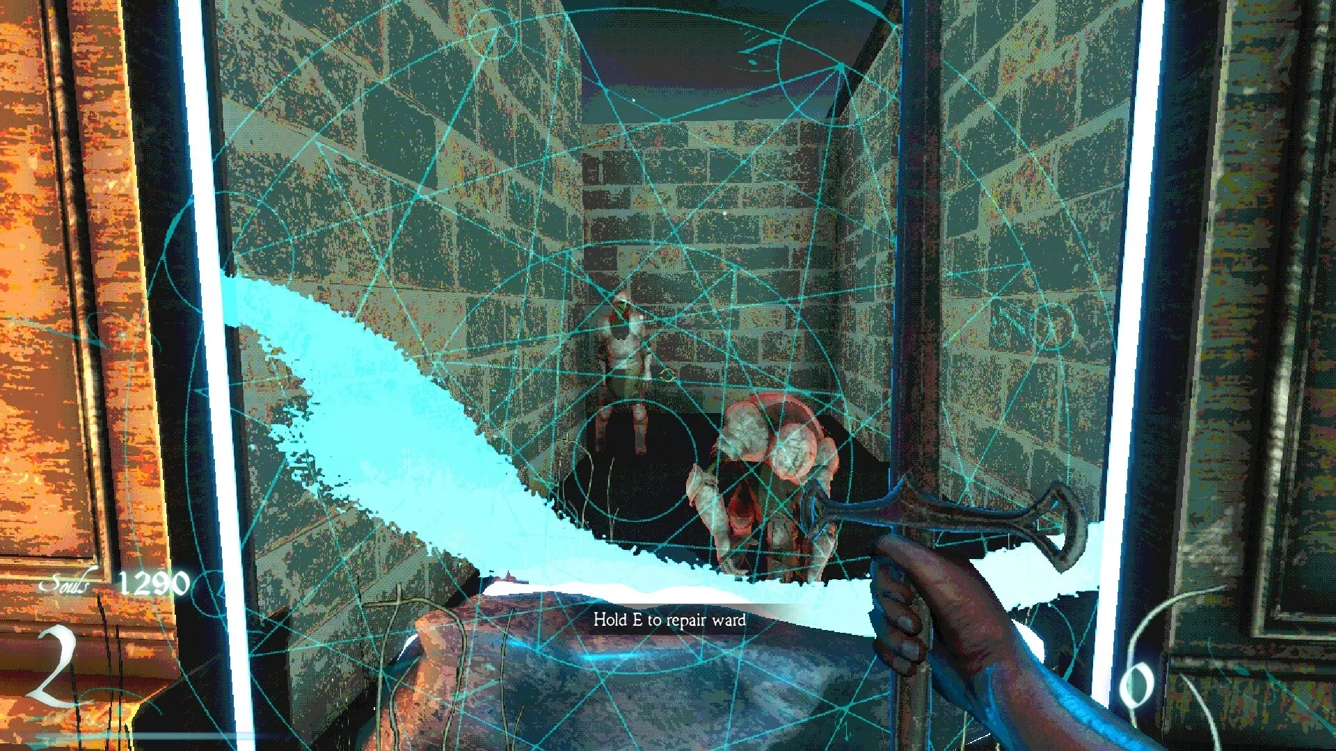 Imperium: Player holds glowing sword in stone corridor, repairing magical ward as enemies approach.