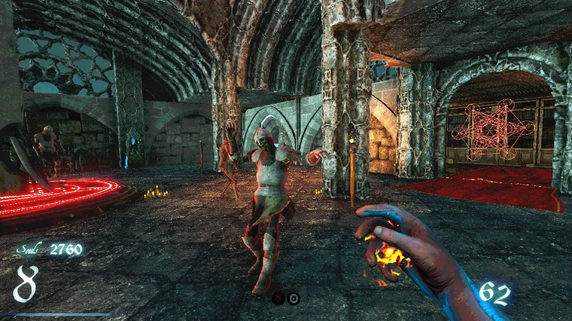 Imperium: Player casts fire spell at undead enemies in a stone chamber with glowing runes and candles