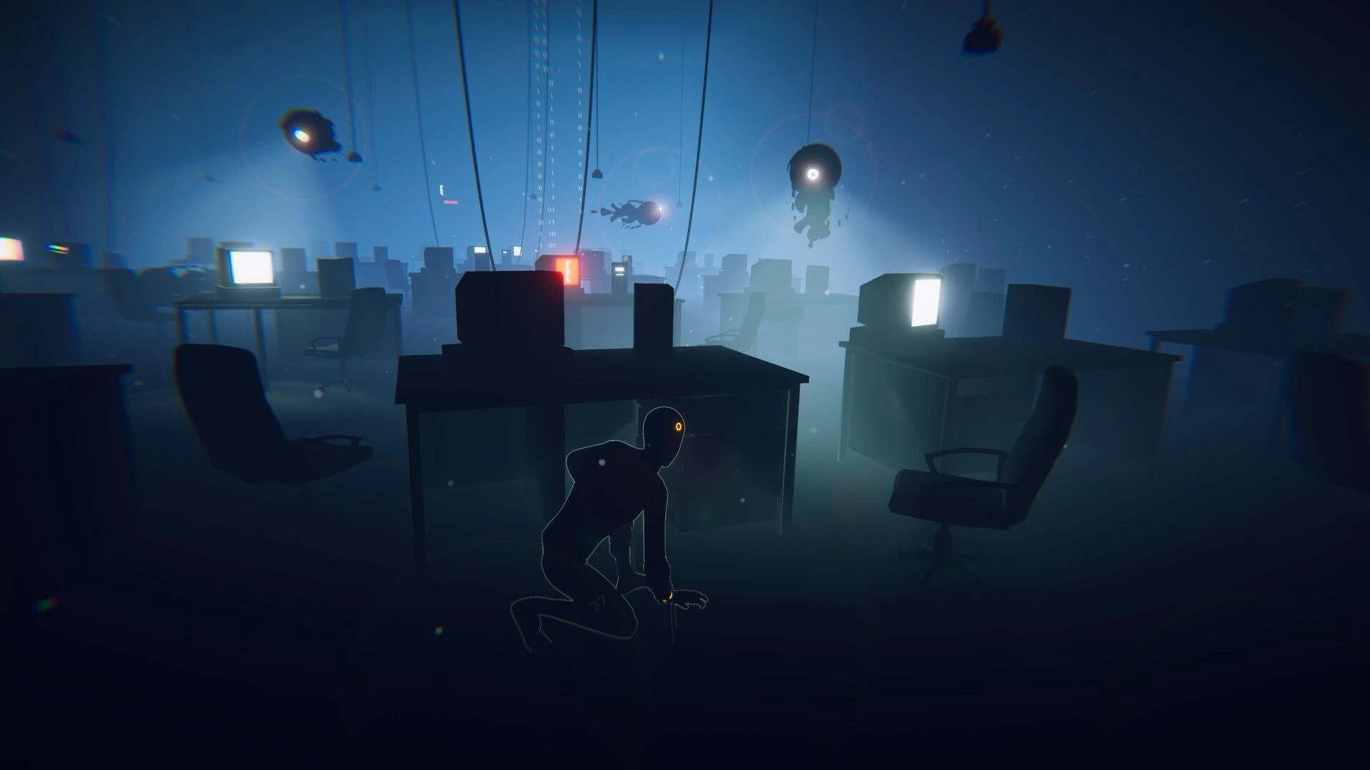 IN SILICO: Crouched figure hides under a desk in a foggy office of glowing monitors and hovering drones.